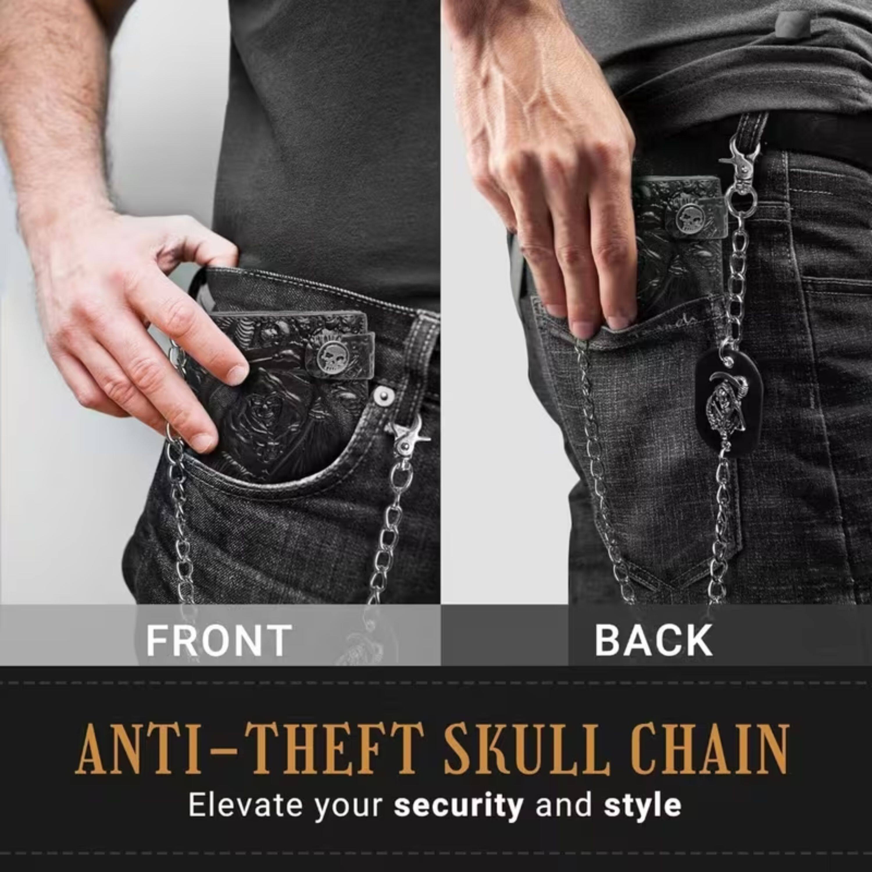 FRONT BACK  
ANTI-THEFT SKULL CHAIN  
Elevate your security and style
