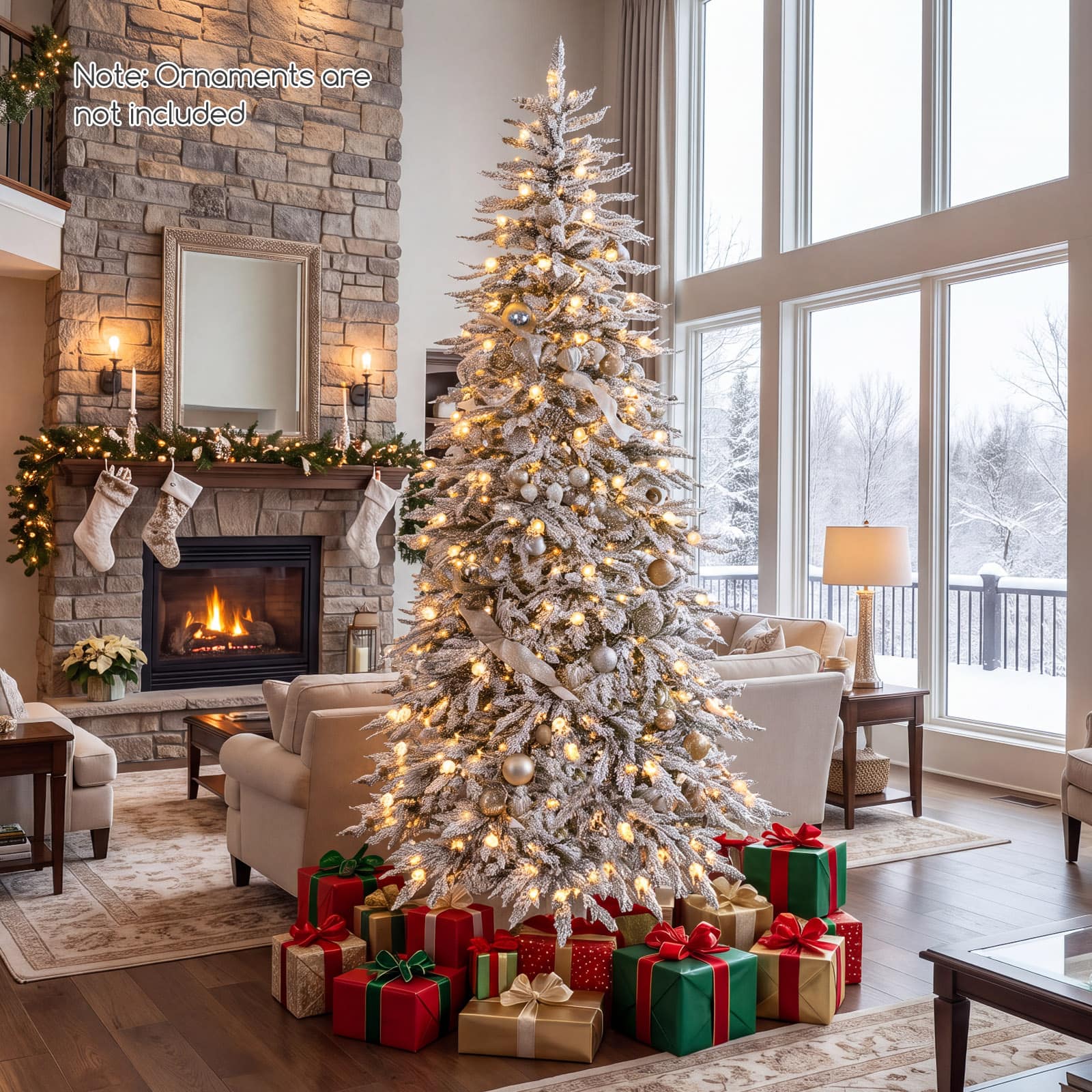 Costway - 8 ft Flocked Cypress Christmas Tree with 935 Full PE Branch Tips, 440 LED Lights Sparse-Style - White