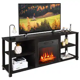 Gymax - 2-Tier TV Stand &Electric Fireplace Heater Storage Cabinet Console For 65" TV - Black