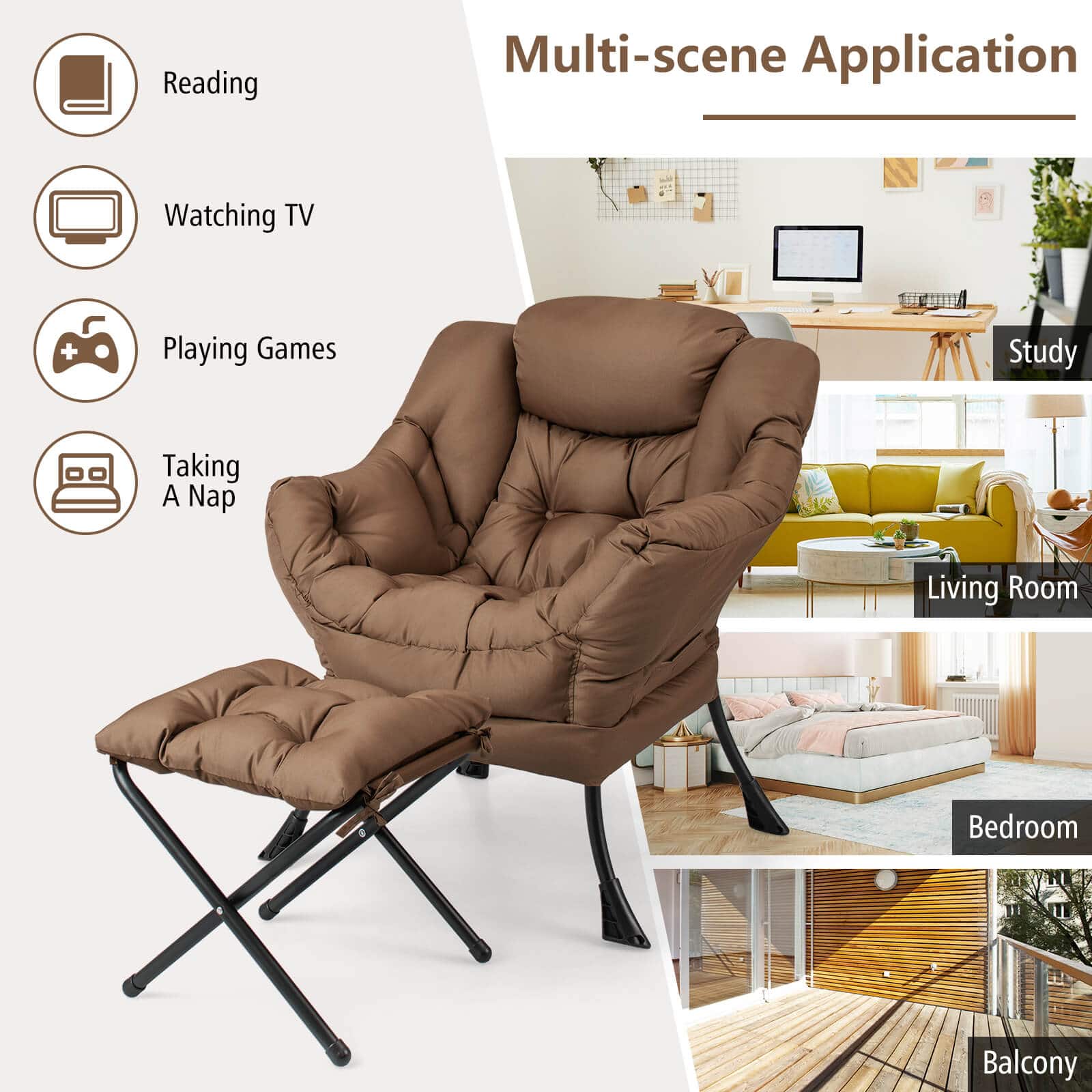Multi-scene Application: This image showcases a living room with a brown chair, a couch, and a TV. The chair is positioned in front of the TV, making it an ideal spot for watching TV or playing games. The couch is located nearby, providing additional seating options for relaxation or entertainment. The living room also features a balcony, offering a view of the outdoors and a place to enjoy fresh air. The overall scene suggests a comfortable and functional living space for various activities, such as watching TV, playing games, studying, or taking a nap.