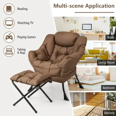 Modern Lazy Chair With Ottoman, Folding Lounge Reclining Sofa Chair With Armrest Comfy Lounge Chair Leisure Chair With Side Pocket For Bedroom, Balcony, Living Room, Office, Grey