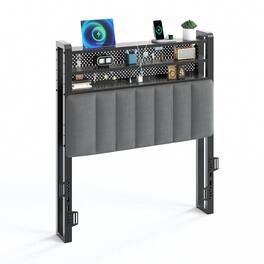 Winado - Twin Size Adjustable Upholstered Headboard Only with 3 Tier Shelves and Pegboard with Charging Stations and LED Lights - Linen & Dark Gray