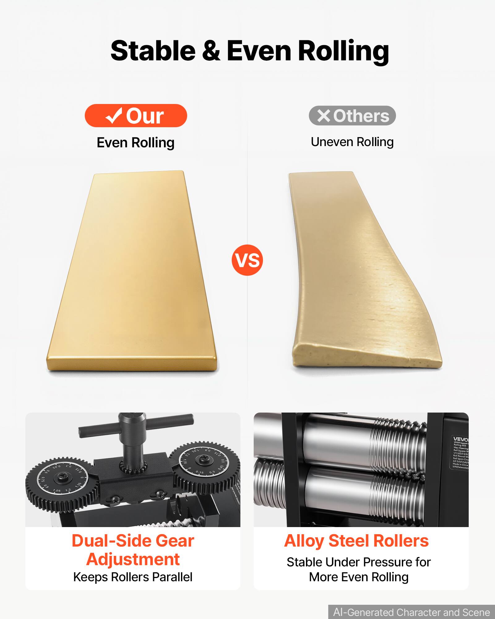 Stable & Even Rolling

Our Even Rolling
VS
Others Uneven Rolling

Dual-Side Gear Adjustment Keeps Rollers Parallel
Alloy Steel Rollers Stable Under Pressure for More Even Rolling

AI-Generated Character and Scene