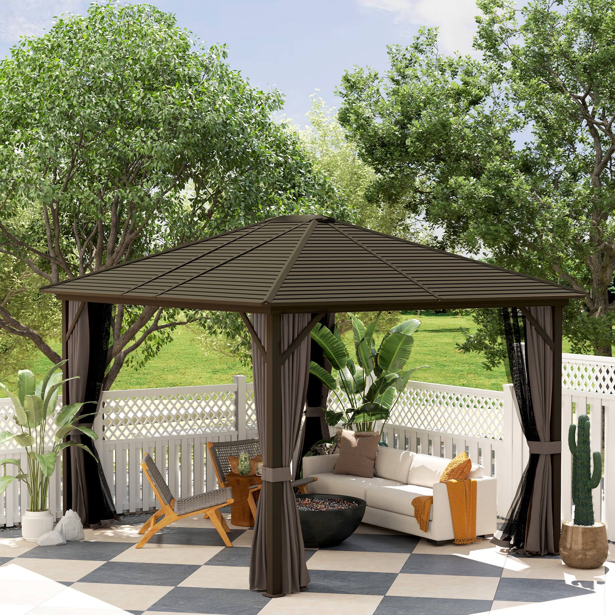 Alt View 1. Outsunny - 10' x 12' Hardtop Gazebo with Curtains and Netting - Coffee.