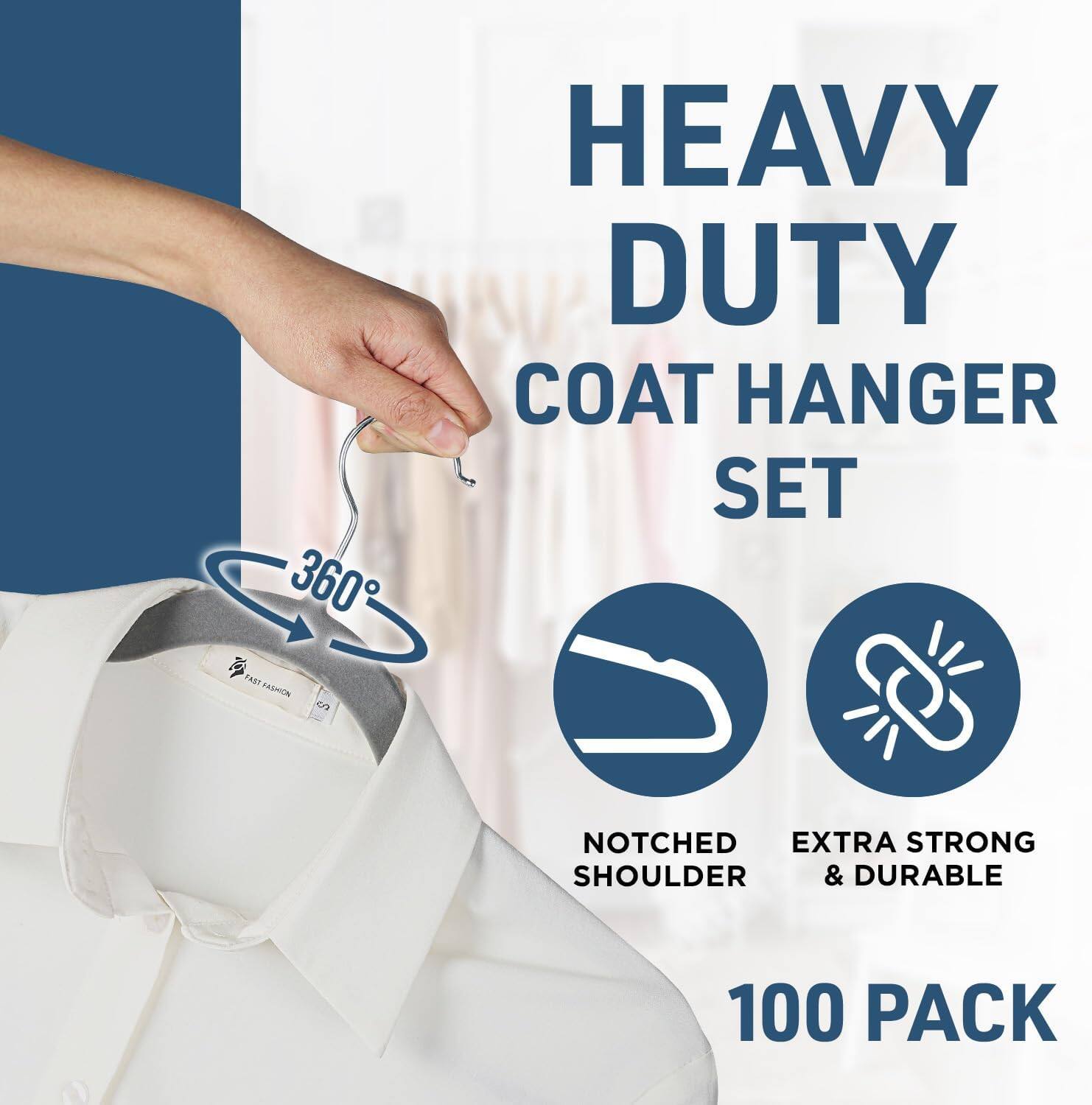 HEAVY DUTY COAT HANGER SET, 360° NOTCHED SHOULDER, EXTRA STRONG & DURABLE, 100 PACK