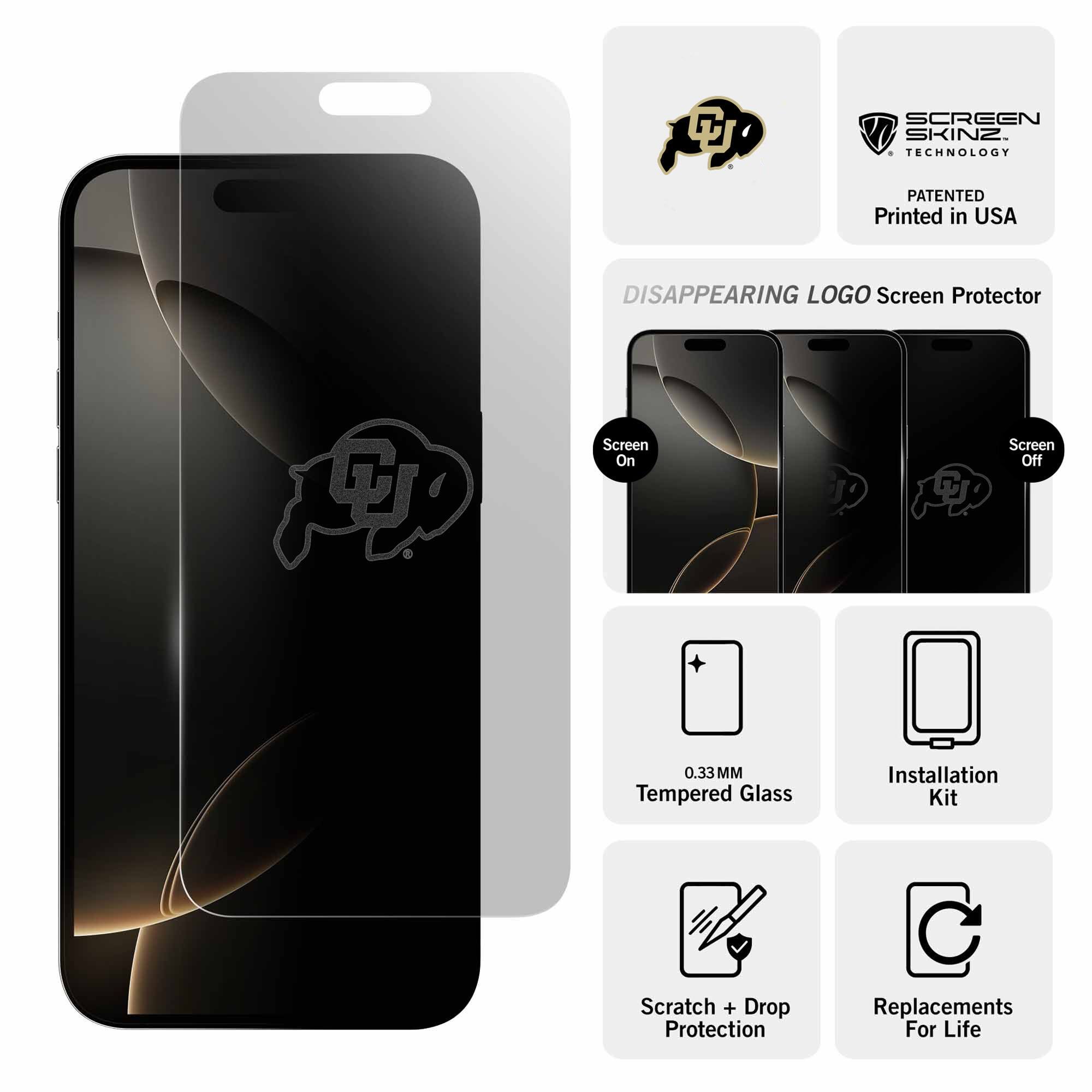 P C SCREEN SKINZ TECHNOLOGY PATENTED  
Printed in USA  

DISAPPEARING LOGO Screen Protector  
Screen On  
Screen Off  

0.33MM Tempered Glass  
Installation Kit  
Scratch + Drop Protection  
Replacements For Life