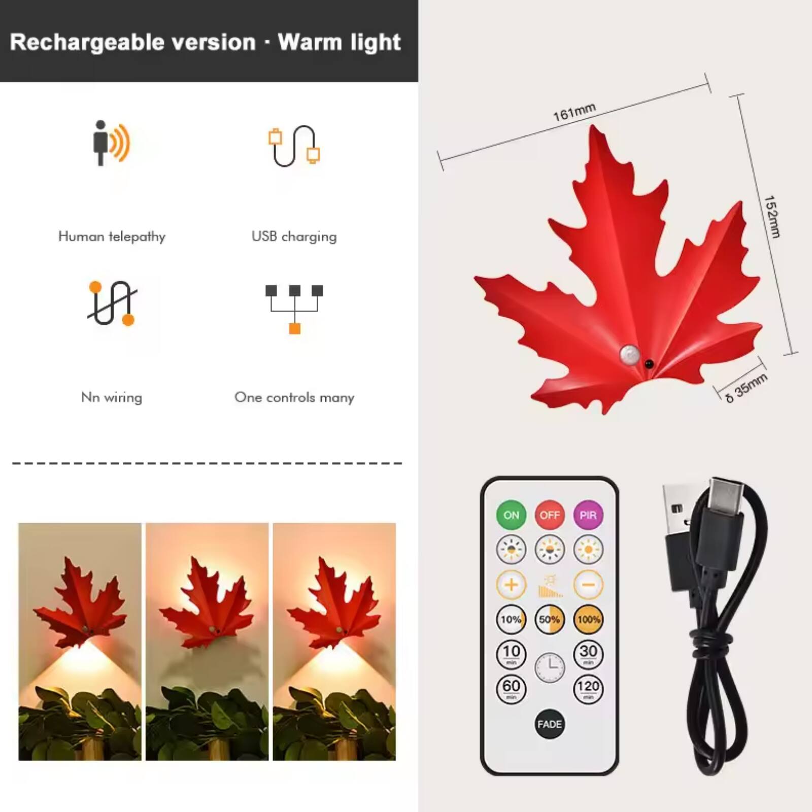 Rechargeable version - Warm light

- Human telepathy
- USB charging
- Nn wiring
- One controls many

161mm  
152mm  
35mm

ON OFF PIR  
10% 50% 100%  
10 - 30 - 60 - 120  
FADE