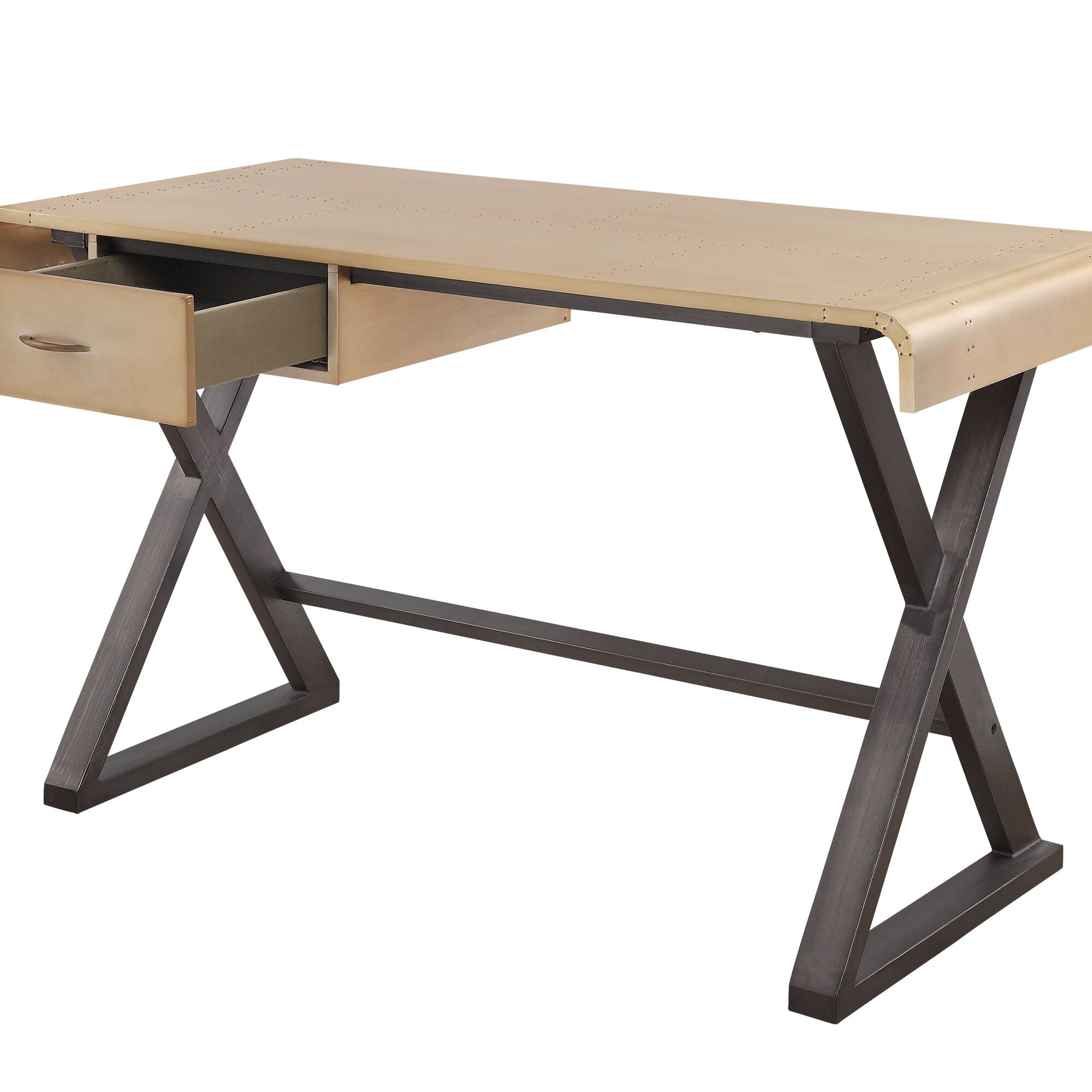 Alt View 2. GOODSILO - Modern Rectangular Writing Desk with Gold Aluminum Top and X-Shape Base, Single Drawer for Home Office Workspace - Gold.