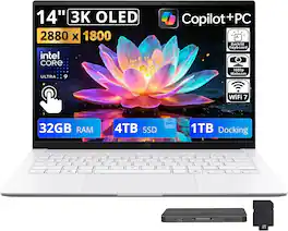 ASUS - Upgraded - Zenbook S14 14" 3K OLED Touch Laptop,Intel Core Ultra 9 386H,32GB RAM,4TB SSD+1TB Dock,Backlit,Windows 11 - White