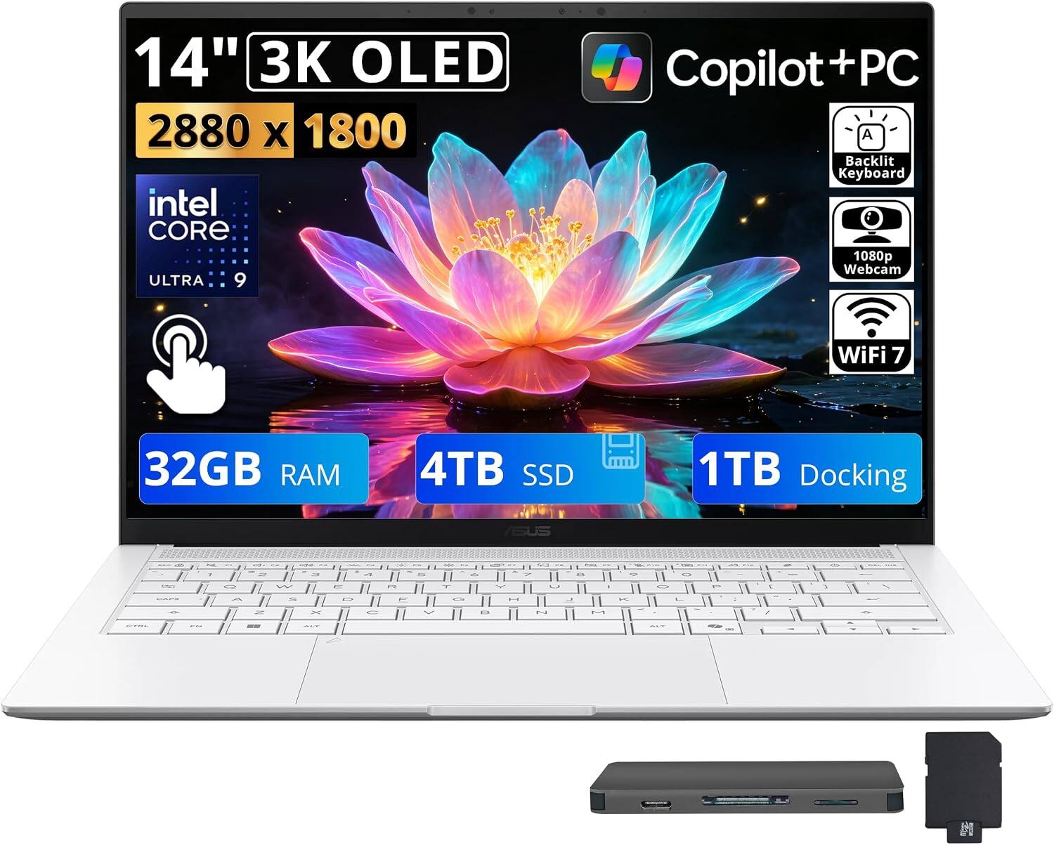 14" 3K OLED 2880 x 1800  
Intel Core Ultra 9  
Copilot + PC  
Backlit Keyboard  
1080p Webcam  
WiFi 7  
32GB RAM  
4TB SSD  
1TB Docking