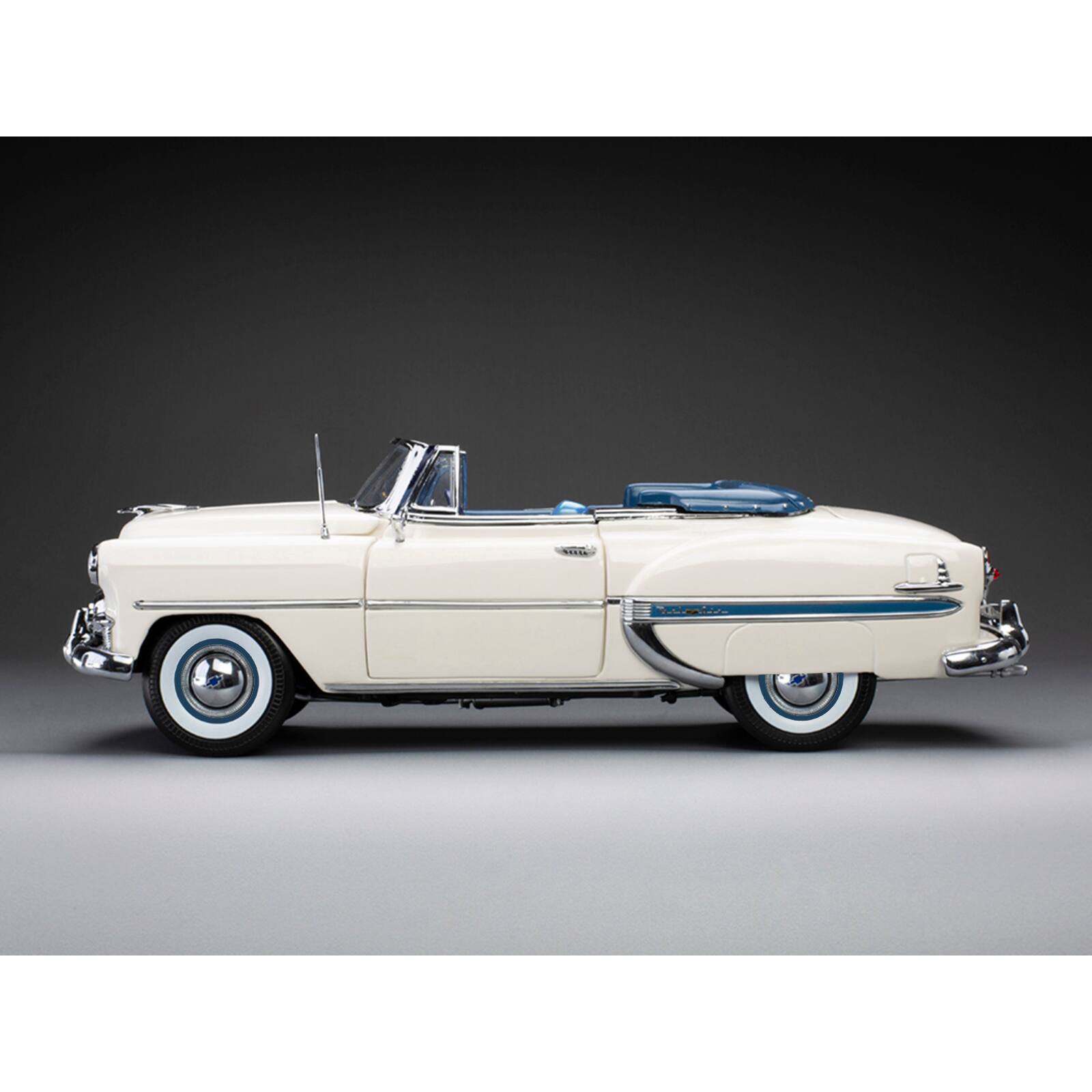 Alt View 4. Sun Star - 1953 Chevrolet Bel Air Open Convertible White w/Blue Interior "American Collectibles" Series 1/18 Model Car by Sun Star.