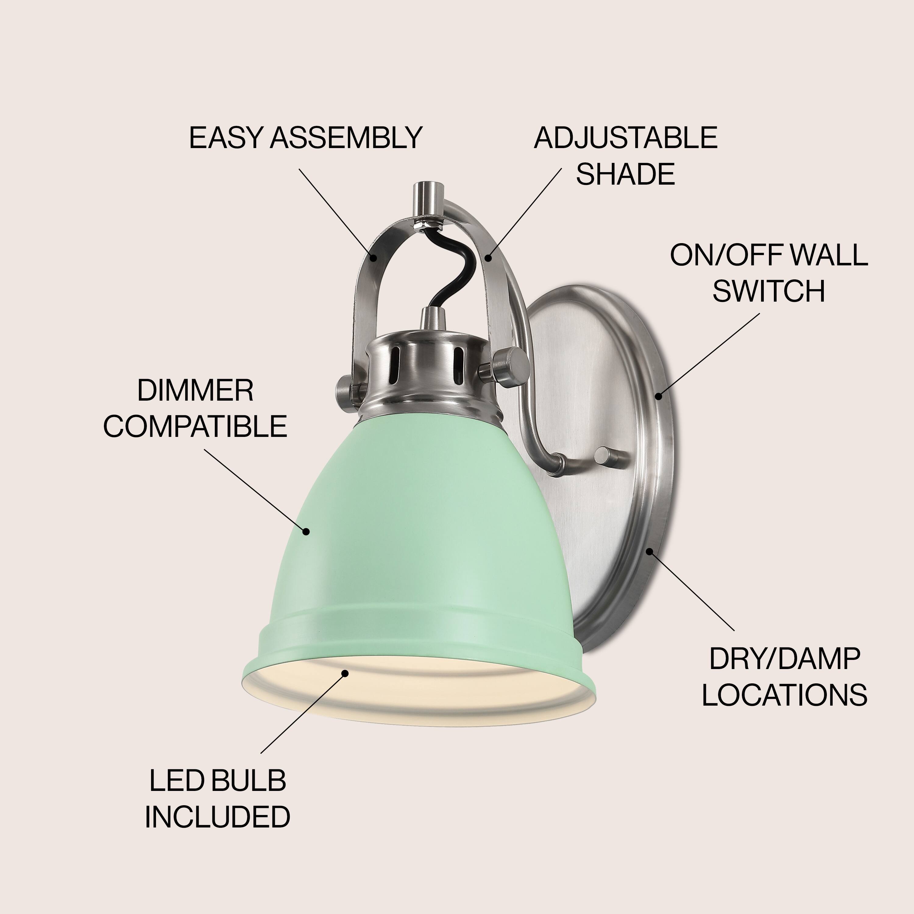 EASY ASSEMBLY  
ADJUSTABLE SHADE  
ON/OFF WALL SWITCH  
DIMMER COMPATIBLE  
DRY/DAMP LOCATIONS  
LED BULB INCLUDED