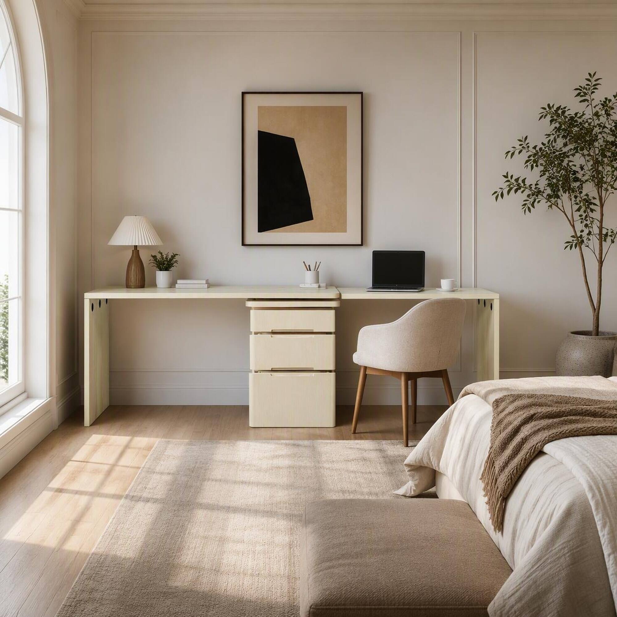 Left. RYHNUYNE - Modern L-Shaped Executive Desk, 90.3 in Natural Wood Finish, 360 degrees Rotating Corner Workstation, 3 Drawers, - Natural Wood.