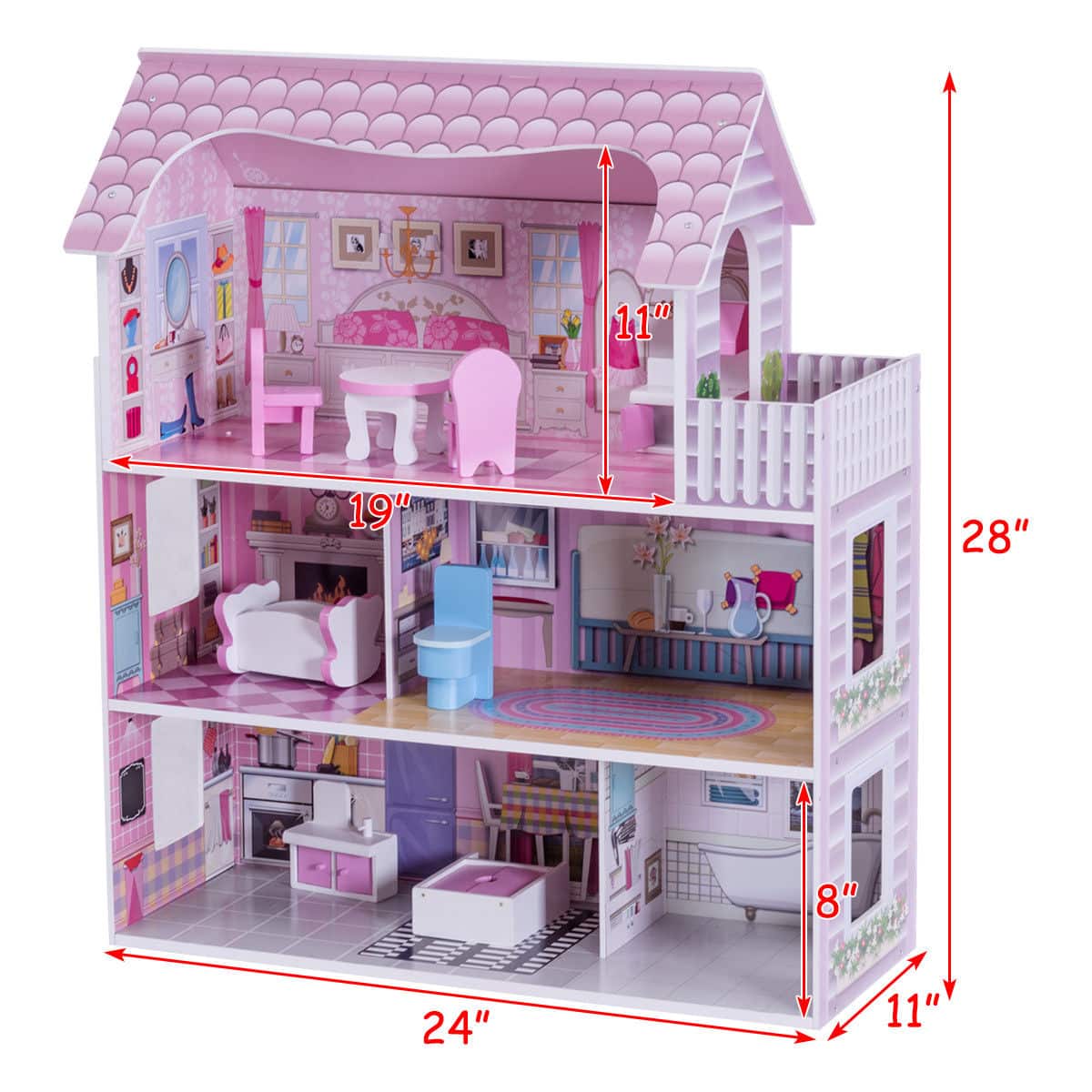 Costway 28'' Dollhouse w/ Furniture and Play Accessories for Girls