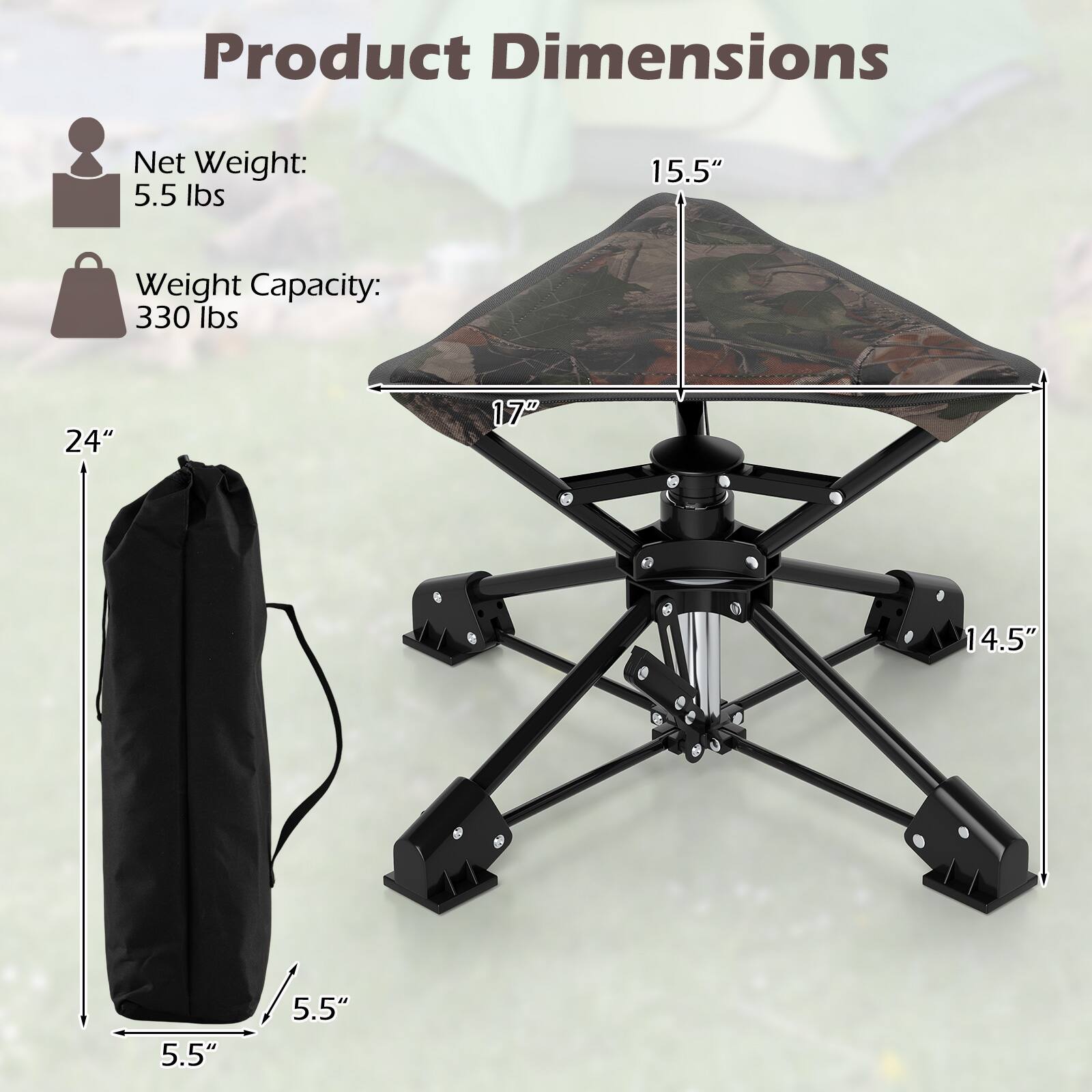 Product Dimensions

- Net Weight: 5.5 lbs
- Weight Capacity: 330 lbs

Dimensions:
- Length: 24"
- Width: 15.5"
- Height: 14.5"
- Depth: 5.5"
- Folded Height: 5.5"