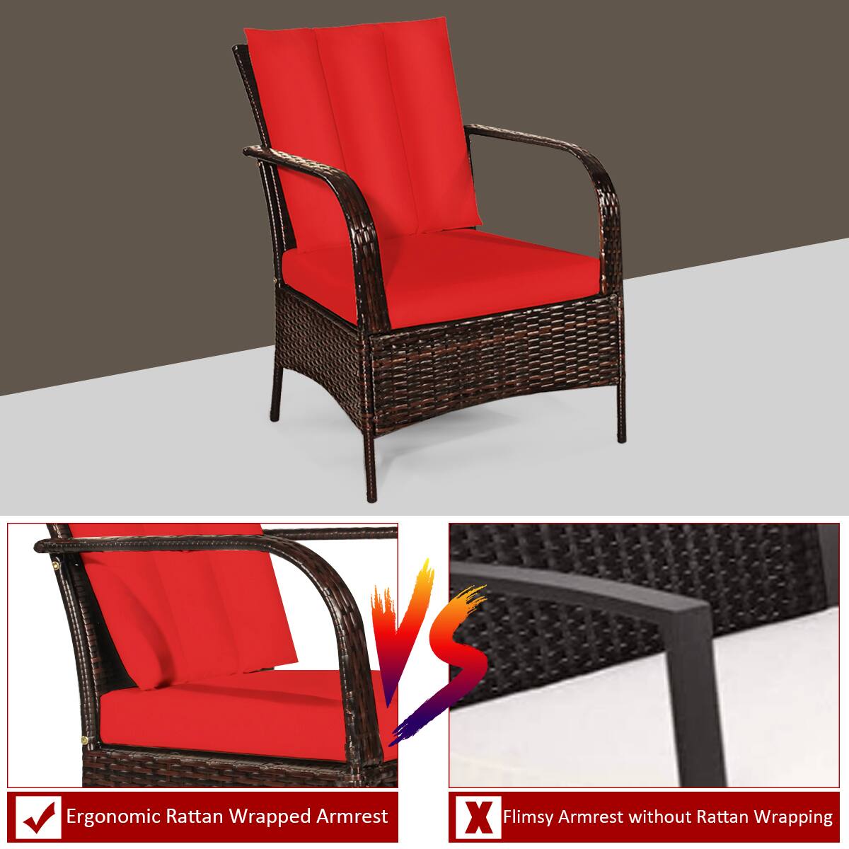 Ergonomic Rattan Wrapped Armrest: A red chair with a woven seat and backrest, featuring an ergonomic armrest that is wrapped with rattan material for added support and comfort.

Flimsy Armrest without Rattan Wrapping: A red chair with a woven seat and backrest, but without the added support and comfort of the rattan-wrapped armrest.