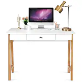 Gymax - Computer Desk Laptop PC Writing Table Makeup Vanity Table w/Drawer and Wood Legs - Natural