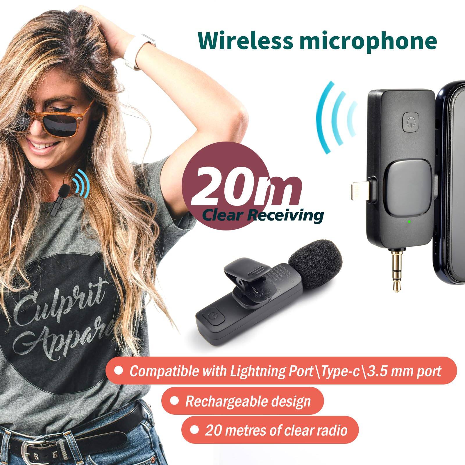 Wireless microphone

20m Clear Receiving

- Compatible with Lightning Port/Type-c/3.5 mm port
- Rechargeable design
- 20 metres of clear radio