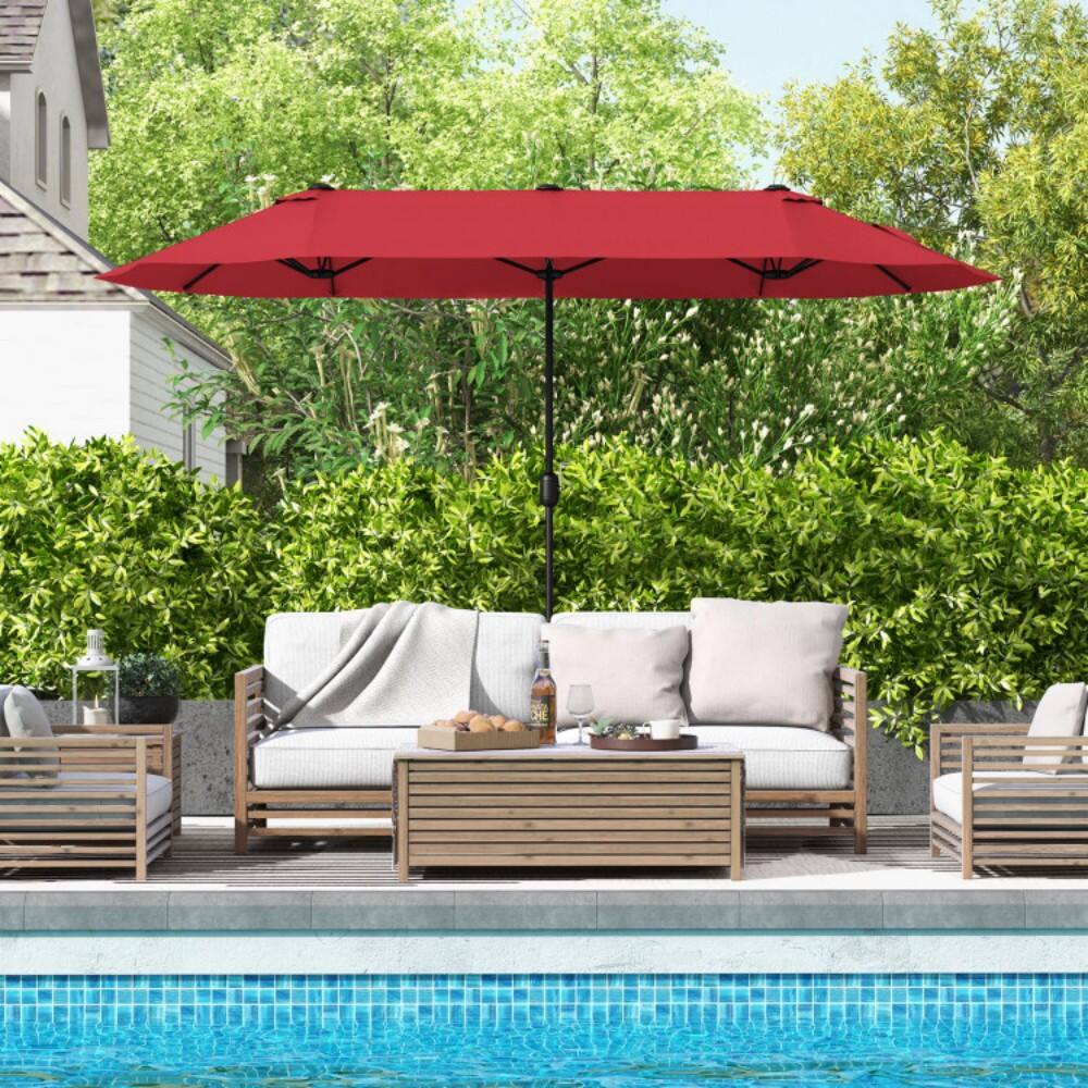 Angle. Mondawe - 13 Feet Double-Sided Patio Twin Table Umbrella with Crank Handle - Wine.