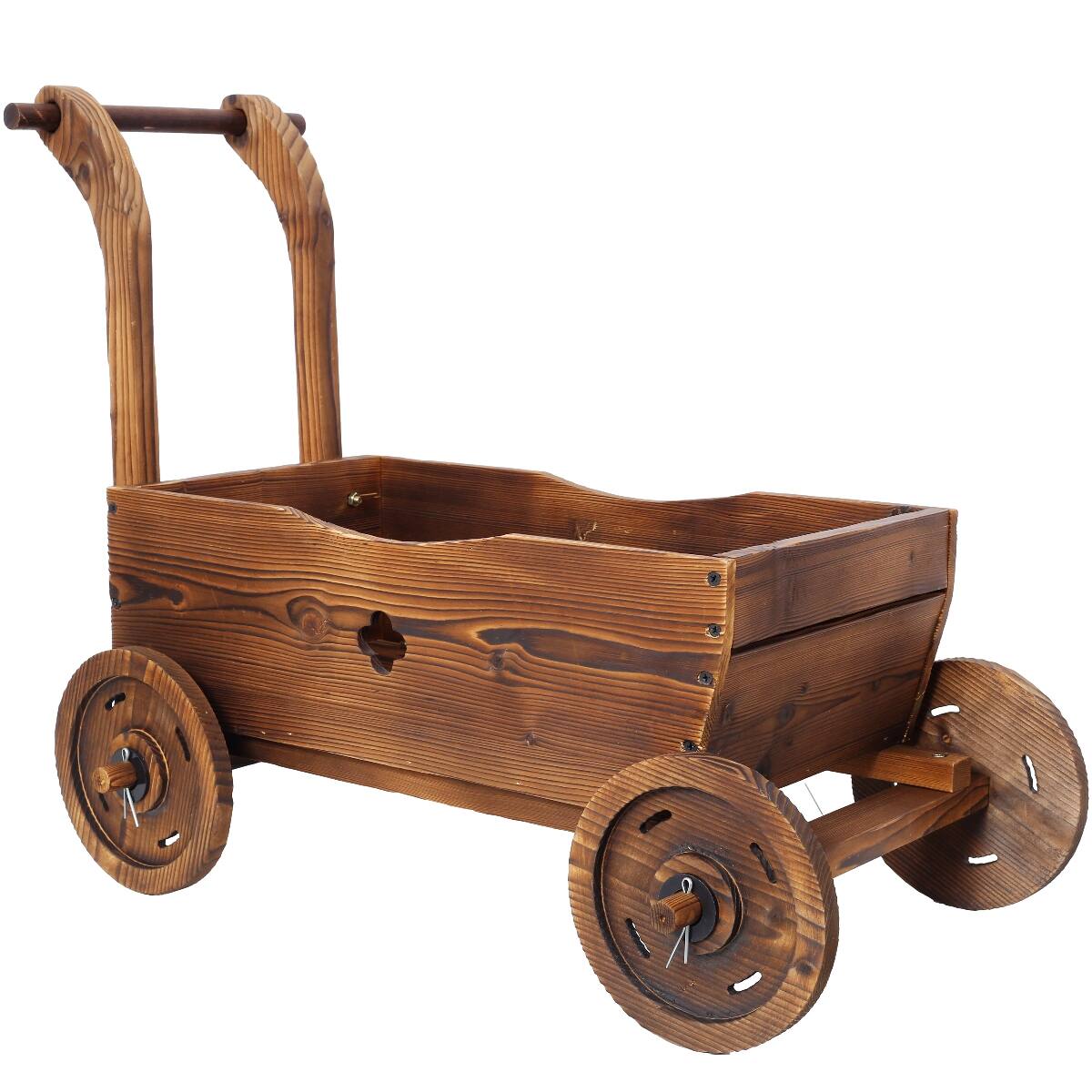 Alt View 1. Loheer - Loheer Wooden Wagon Planter with Wheels, Carbonized Fir Wood Flower Cart with Handle and Drainage, Brown.