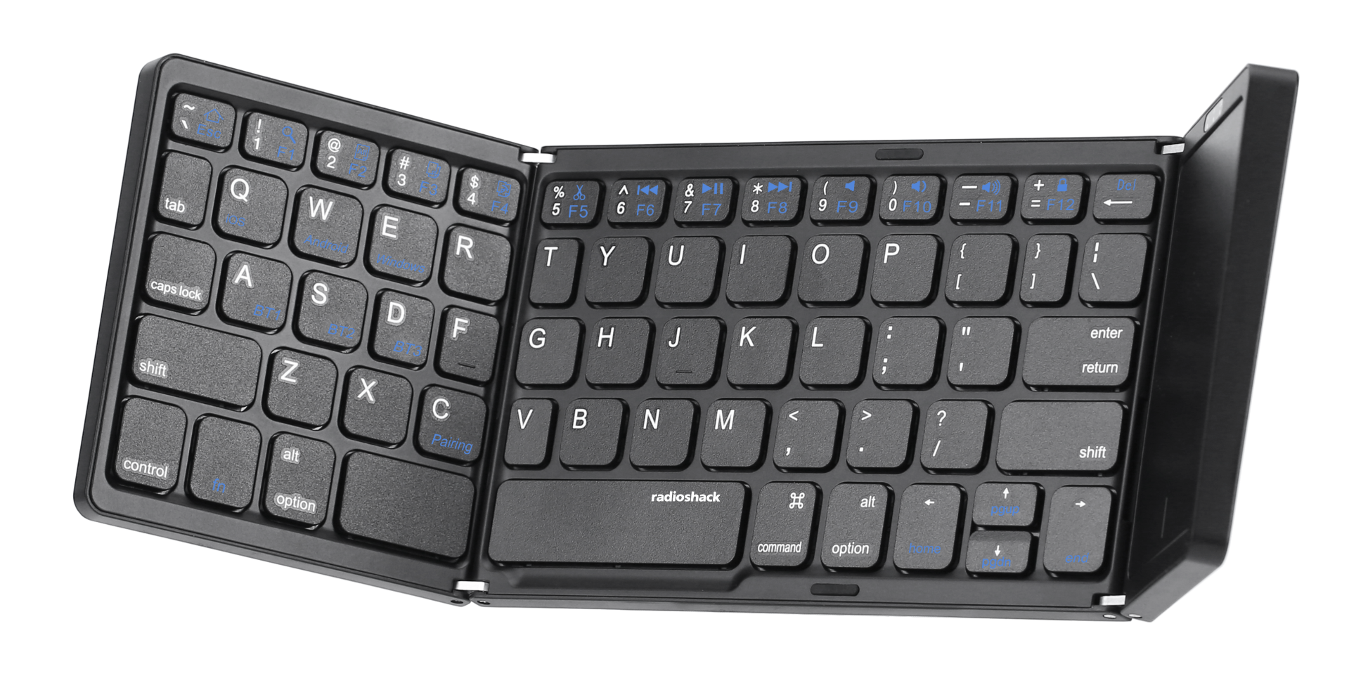 Sure, here is the corrected and grouped text from the image:

**Left Side:**
- Esc
- 1 ! 2 @ 3 # 4 $ 5 % 6 ^ 7 & 8 * 9 ( 0 ) - _ + = Backspace
- Tab Q W E R T Y U I O P [ { ] } | Enter
- Caps Lock A S D F G H J K L ; : ' " Return
- Shift Z X C V B N M , < . > ? / Shift
- Control Fn Alt Pairing

**Right Side:**
- F1 F2 F3 F4 F5 F6 F7 F8 F9 F10 F11 F12
- X A 144
- Windows Android iOS
- R I O P
- T Y U
- caps lock
- S D F G H J K L
- Z X C V B N M
- alt
- control
- option
- command
- radioshack
- alt option
- - D) + Del
- F11 = F12
- { } [ ] \ " enter
- return
- shift pgup command option