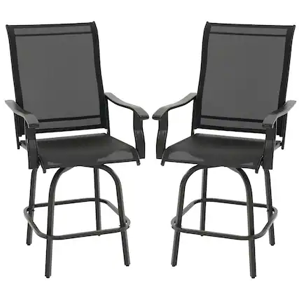 Front. Outsunny - Set of 2 Outdoor Swivel Bar Stools with Armrests, Bar Height Patio Chairs with Steel Frame for Balcony, Poolside - Black.