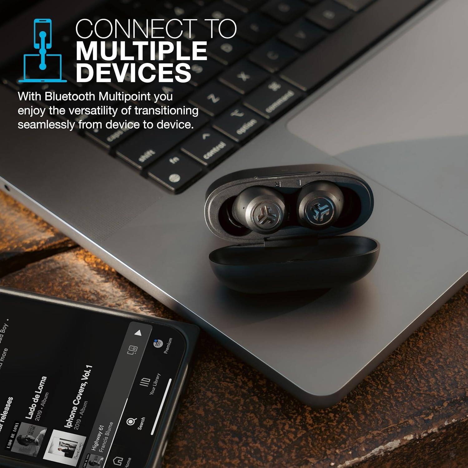 CONNECT TO MULTIPLE DEVICES

With Bluetooth Multipoint you enjoy the versatility of transitioning seamlessly from device to device.

Lado de Loma  
2019 Album releases

iPhone Covers, Vol.1  
2019 Album

Highway 61  
Francis Blume

Premium Library