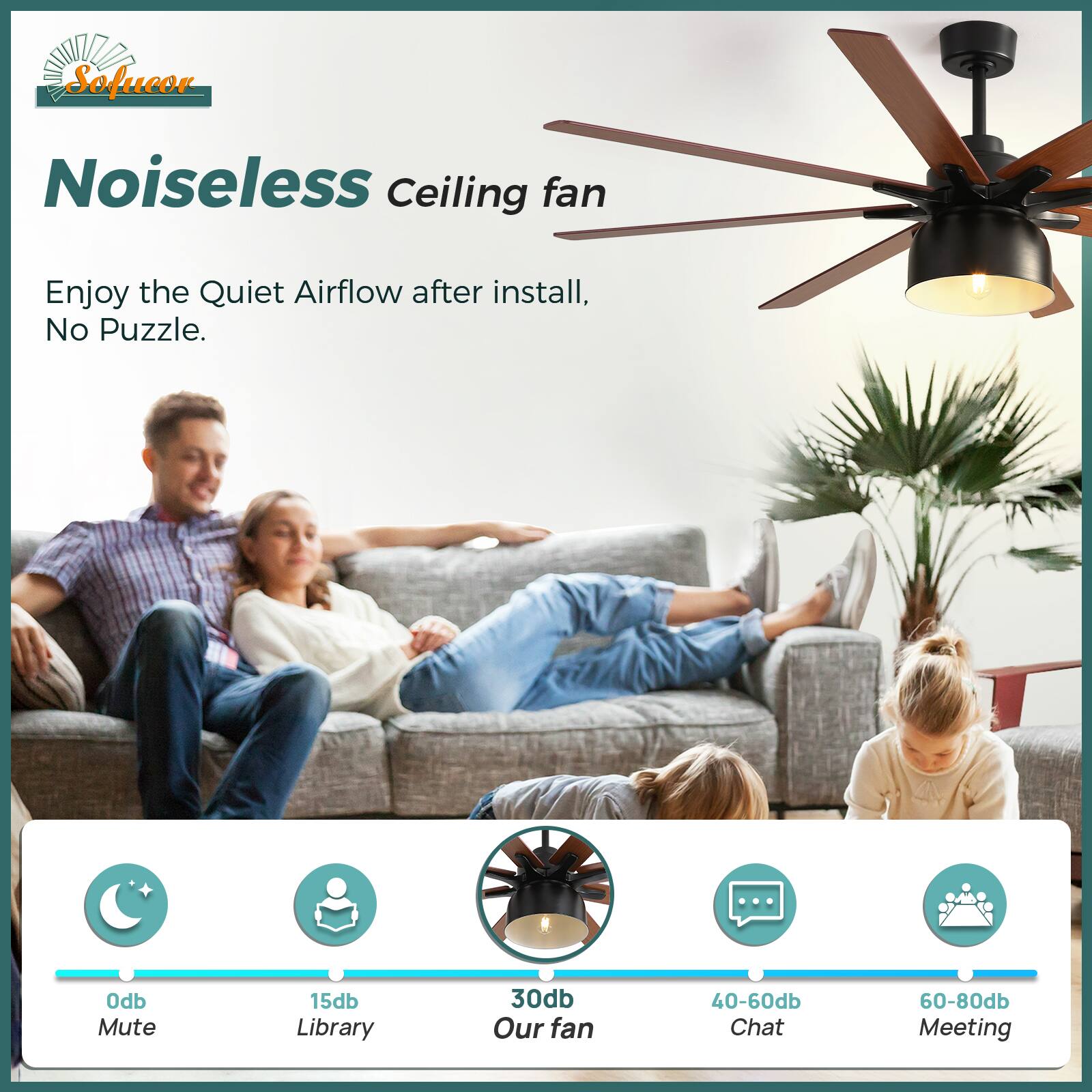 Sofucor Noiseless Ceiling Fan

Enjoy the Quiet Airflow after install, No Puzzle.

Odb Mute 15db Library 30db Our fan 40-60db Chat 60-80db Meeting