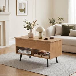 WELLFOR - 31.5" Lift-Top Coffee Table with Hidden Storage, Modern Rectangle Center Table with 2 Open Shelves for Living Room - Natural