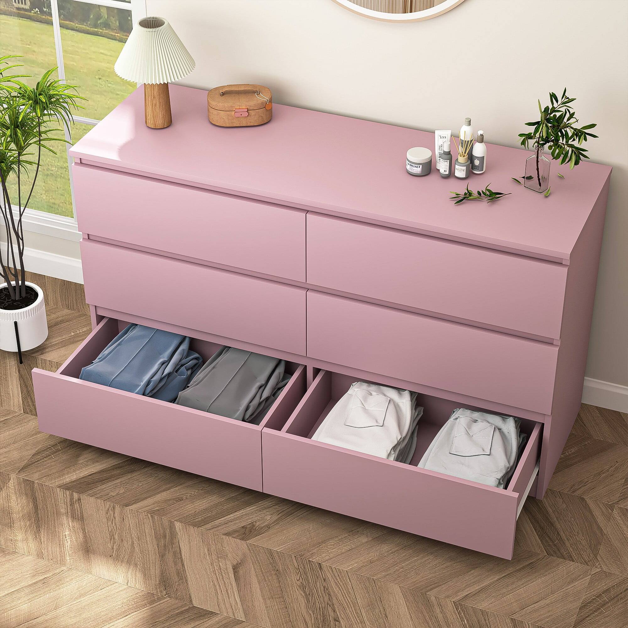 Alt View 5. Kadyn - Modern Mid Century 6 Drawer Wide Dressers Chests for Bedroom, Chest of Drawer Organizer - Pink.