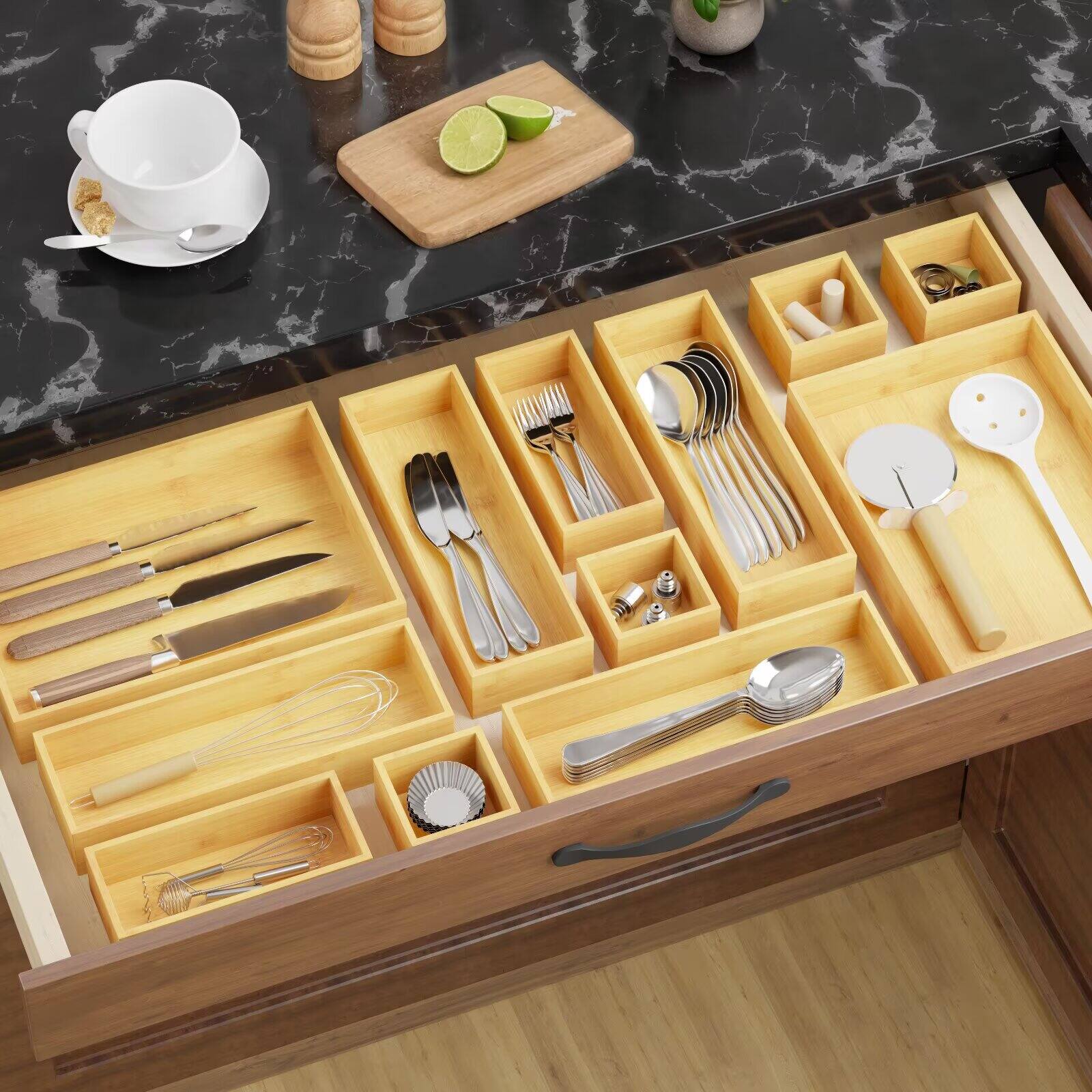 Back. Tooloton - Bamboo Drawer Organizer Set, 14-Piece Wooden Trays for Kitchen, Bathroom, Office and Makeup Storage (Natural) - Natural.