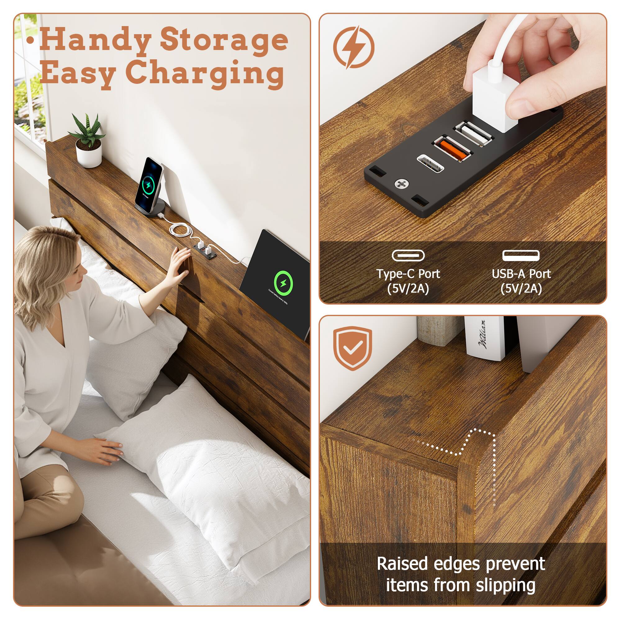- Handy Storage Easy Charging
- Type-C Port (5V/2A)
- USB-A Port (5V/2A)
- Raised edges prevent items from slipping