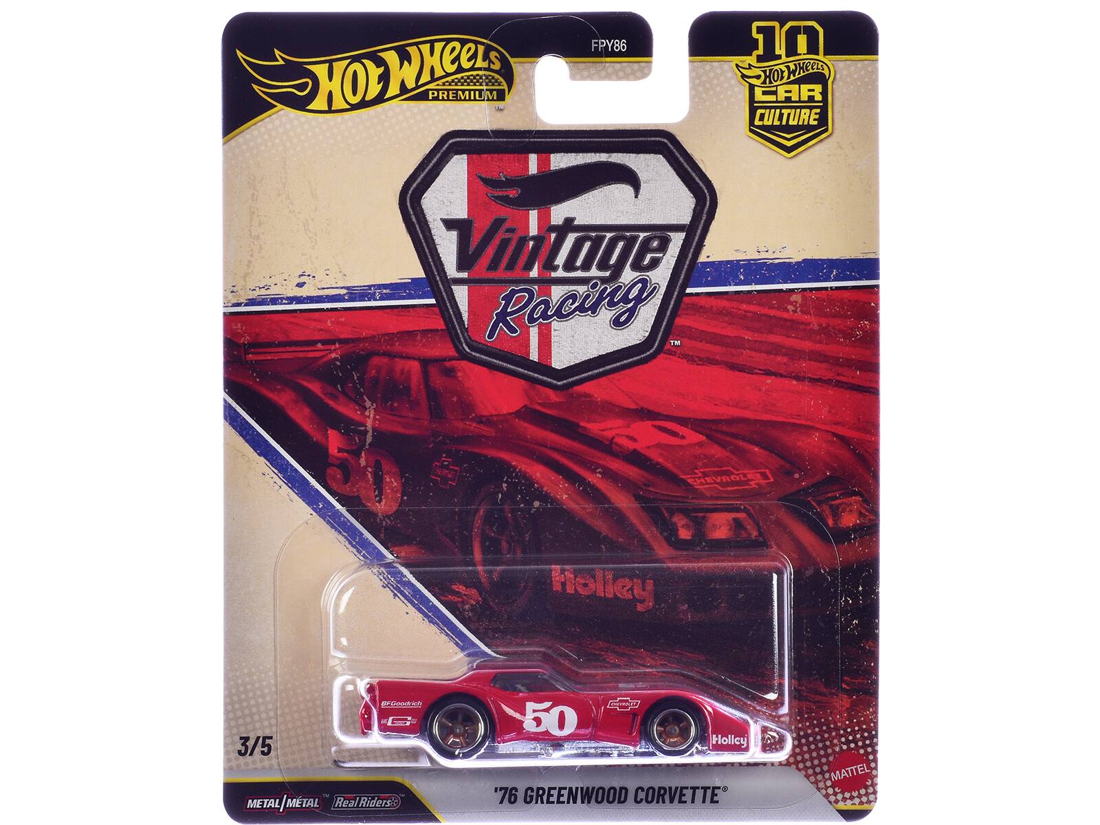Hot Wheels Premium - FPY86 10 Hot Wheels Car Culture Vintage Racing I N 50 Chevrolet Holley '76 Greenwood Corvette 3/5 Metal Metal Real Ridersic CTA 50 Holley MATTEL