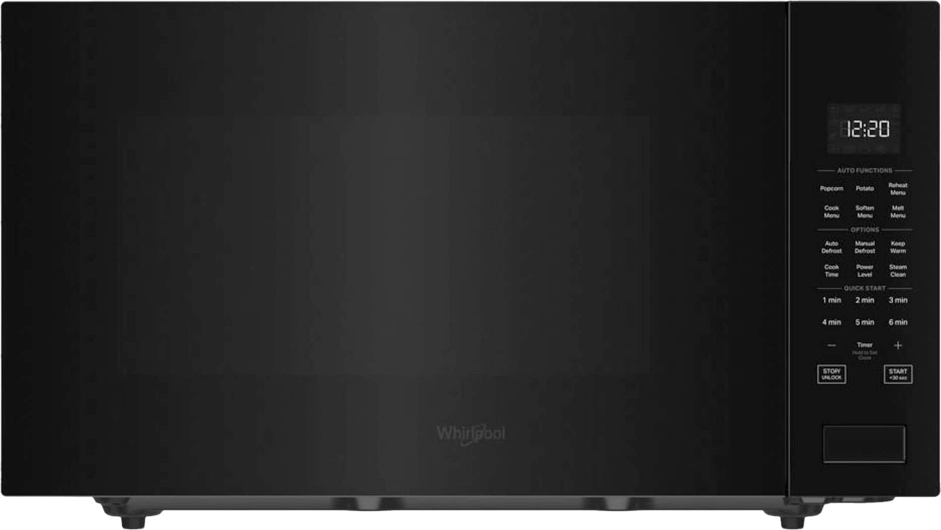 The text on the image reads:
12:20 Auto Functions Popcom Potato Reheat Menu Cook Menu Soften Menu Melt Menu OPTIONS Auto Defrost Manual Defrost Keep Warm Cook Time Power Level Steam Clean QUICK START 1 min 2 min 3 min 4 min 5 min 6 min Timer + STOP UNLOCK START 30 Whirlpool