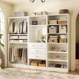 Aheaplus - Large Walk-in Closet System Set of 3, 86'' Wide Closet Storage System with Drawers, Hanging Rods and Shoe Racks - White