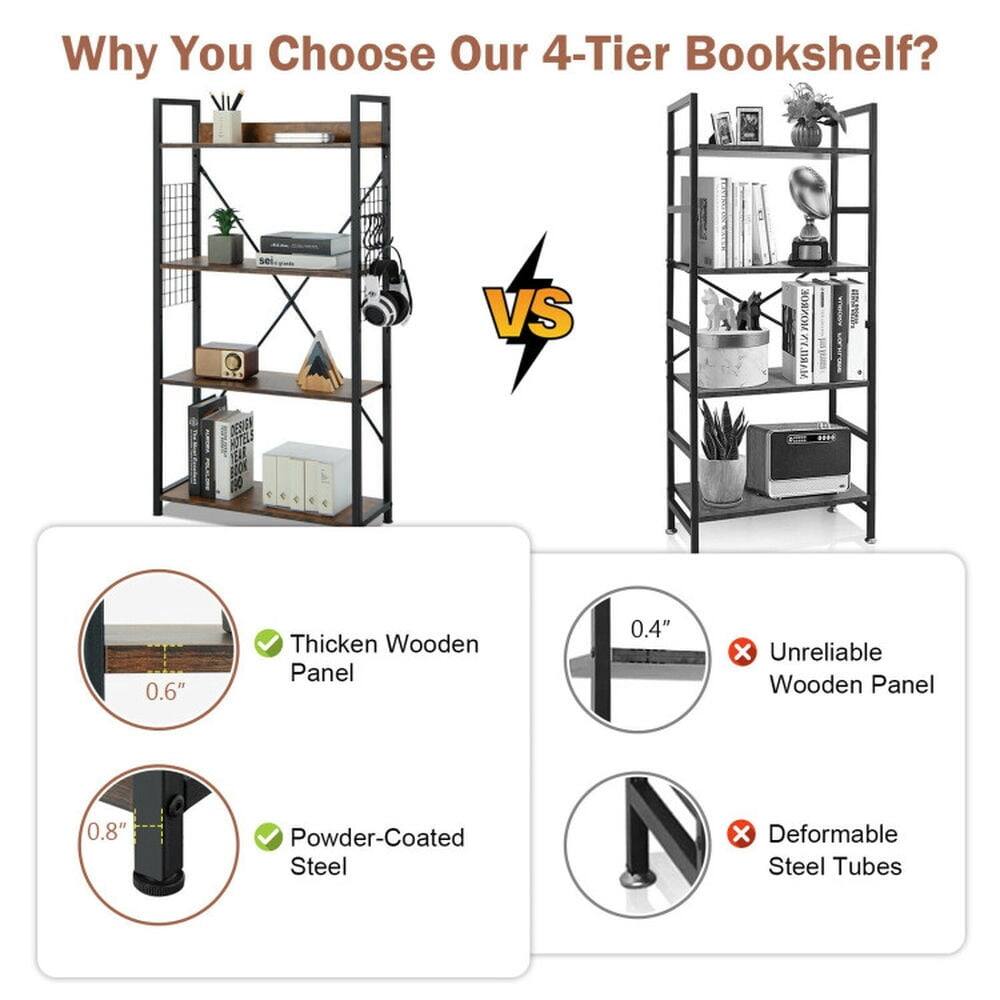 Why You Choose Our 4-Tier Bookshelf?

Thicken Wooden Panel 0.6"  
Powder-Coated Steel 0.8"  

VS  

Unreliable Wooden Panel 0.4"  
Deformable Steel Tubes