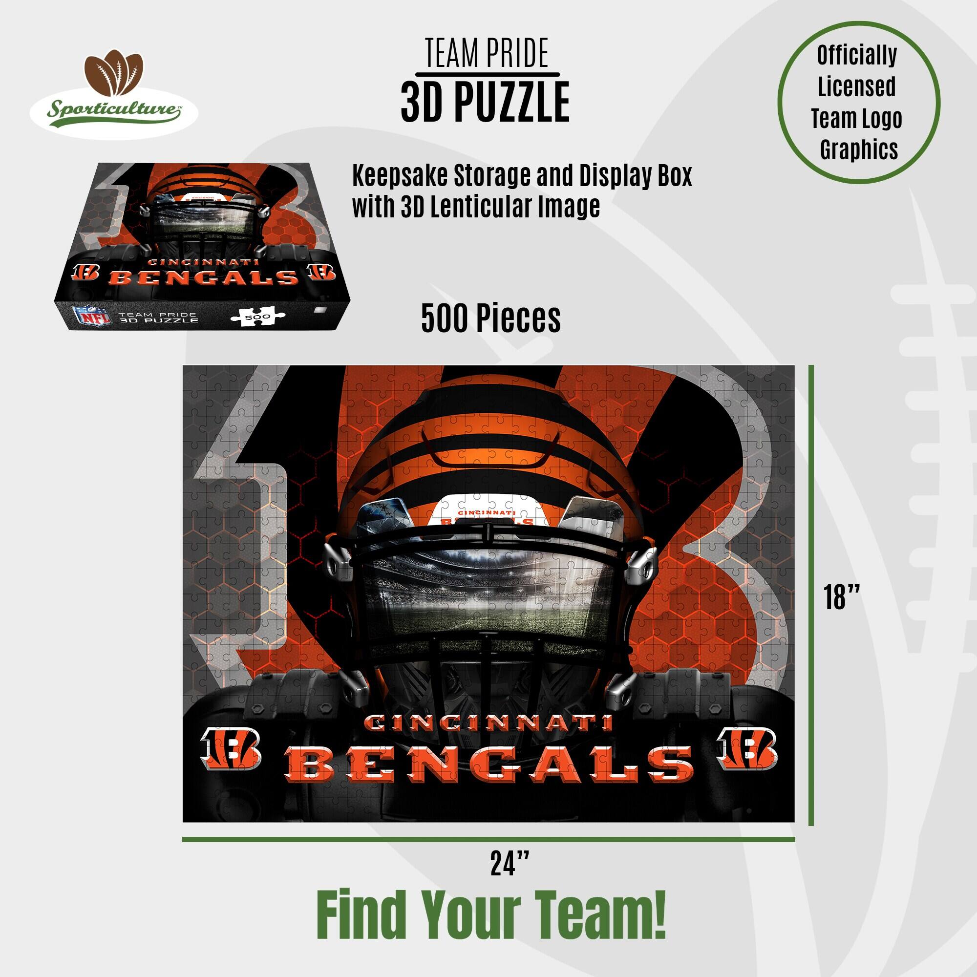 Sporticulture; TEAM PRIDE 3D PUZZLE Keepsake Storage and Display Box with 3D Lenticular Image Officially Licensed Team Logo Graphics CINCINNATI BENGALS 500 Pieces 18" CINCINNATI BENGALS 24" Find Your Team!