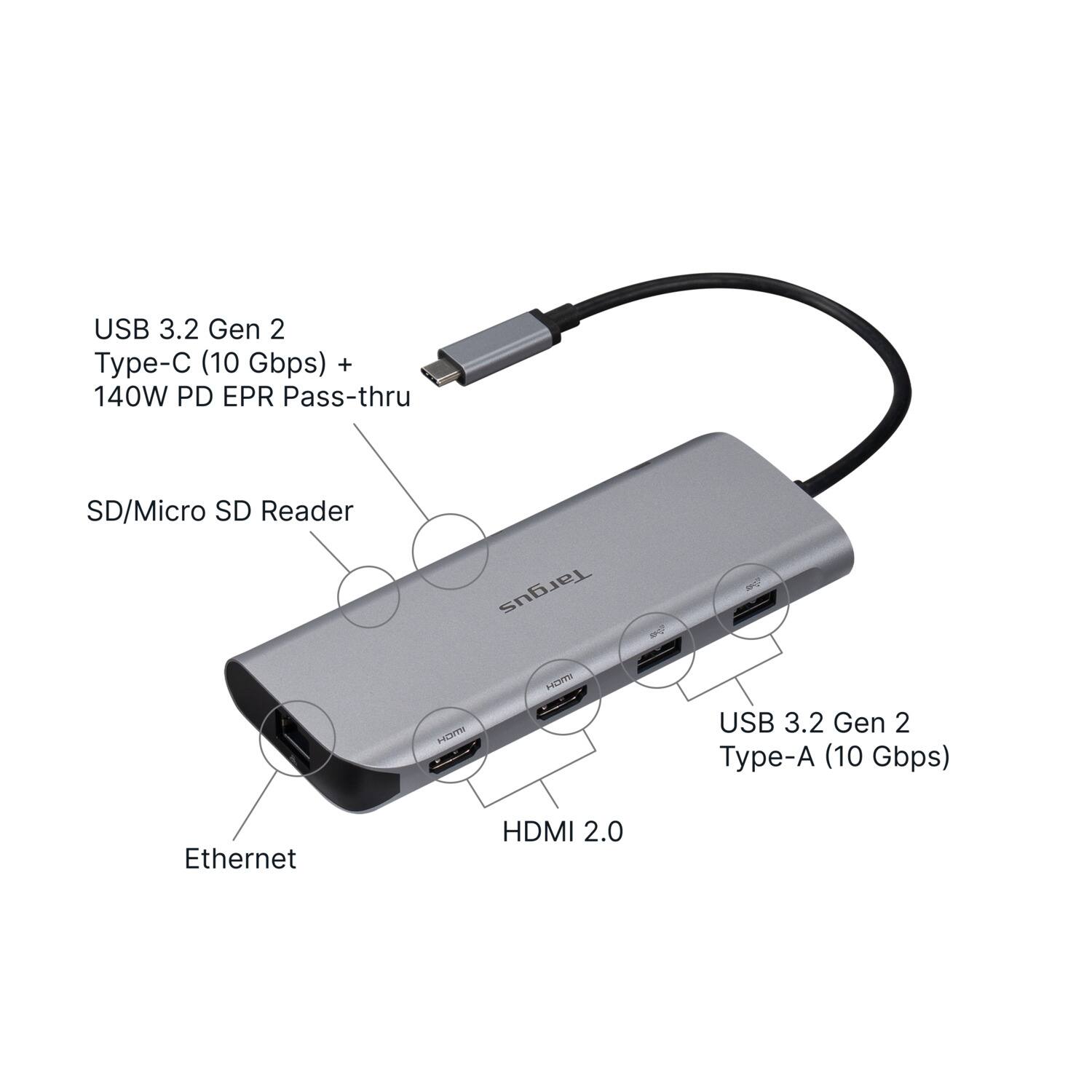 USB 3.2 Gen 2 Type-C (10 Gbps) + 140W PD EPR Pass-thru  
SD/Micro SD Reader  
USB 3.2 Gen 2 Type-A (10 Gbps)  
Ethernet  
HDMI 2.0
