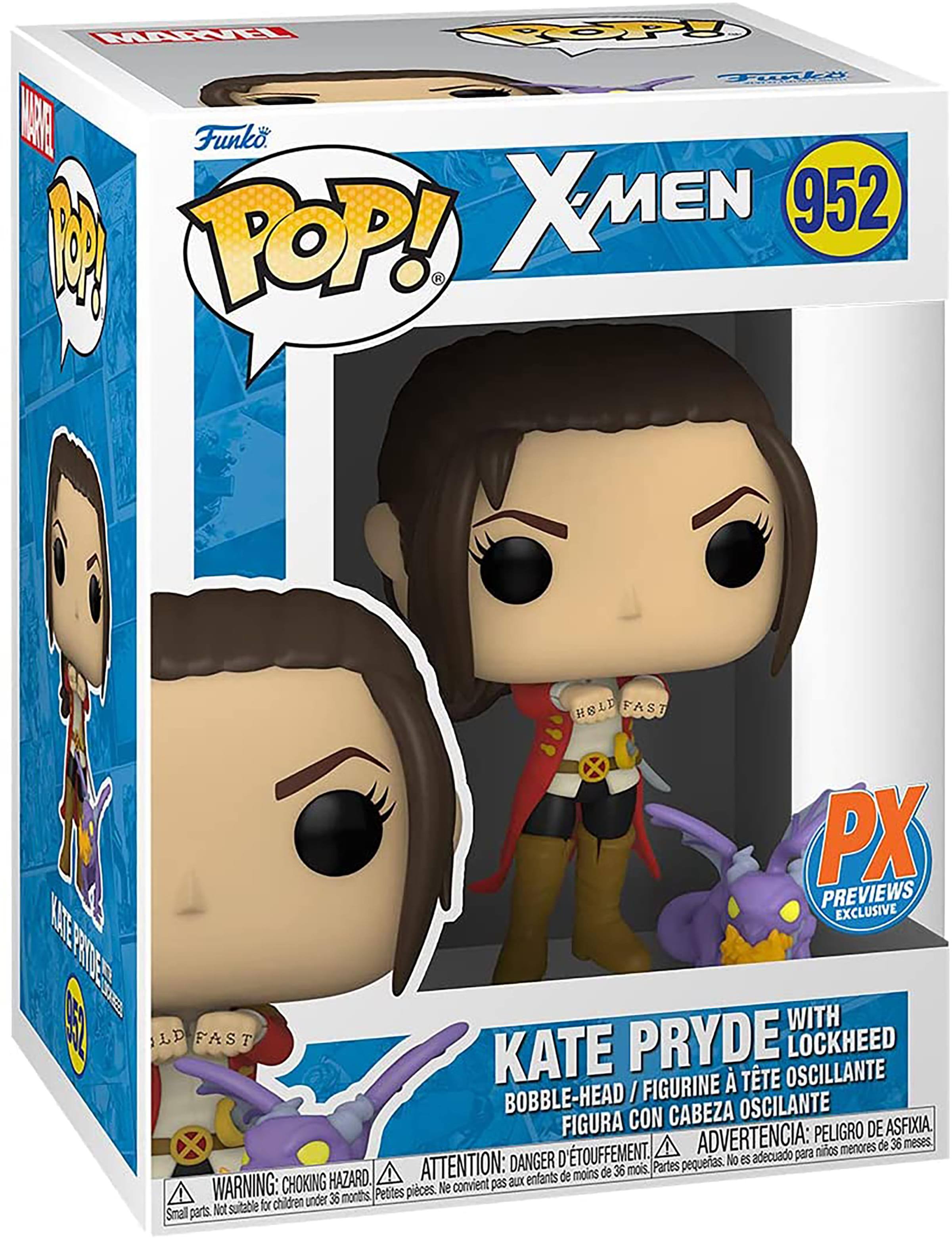Sure, here is the corrected and grouped text from the image:

---

**Top Left:**
- Marvel
- Funko
- POP!

**Top Center:**
- X-Men
- 952

**Top Right:**
- PX
- PREVIEWS EXCLUSIVE

**Center:**
- Kate Pryde with Lockheed
- Bobble-Head / Figurine à Tête Oscillante
- Figura con Cabeza Oscilante

**Bottom Left:**
- Hold Fast

**Bottom Center:**
- Warning: Choking Hazard. Small parts. Not suitable for children under 36 months.
- Attention: Danger d'étouffement. Petite pièces. Ne convient pas aux enfants de moins de 36 mois.
- Advertencia: Peligro de asfixia. Piezas pequeñas. No es adecuado para niños menores de 36 meses.

**Bottom Right:**
- Hold Fast

---