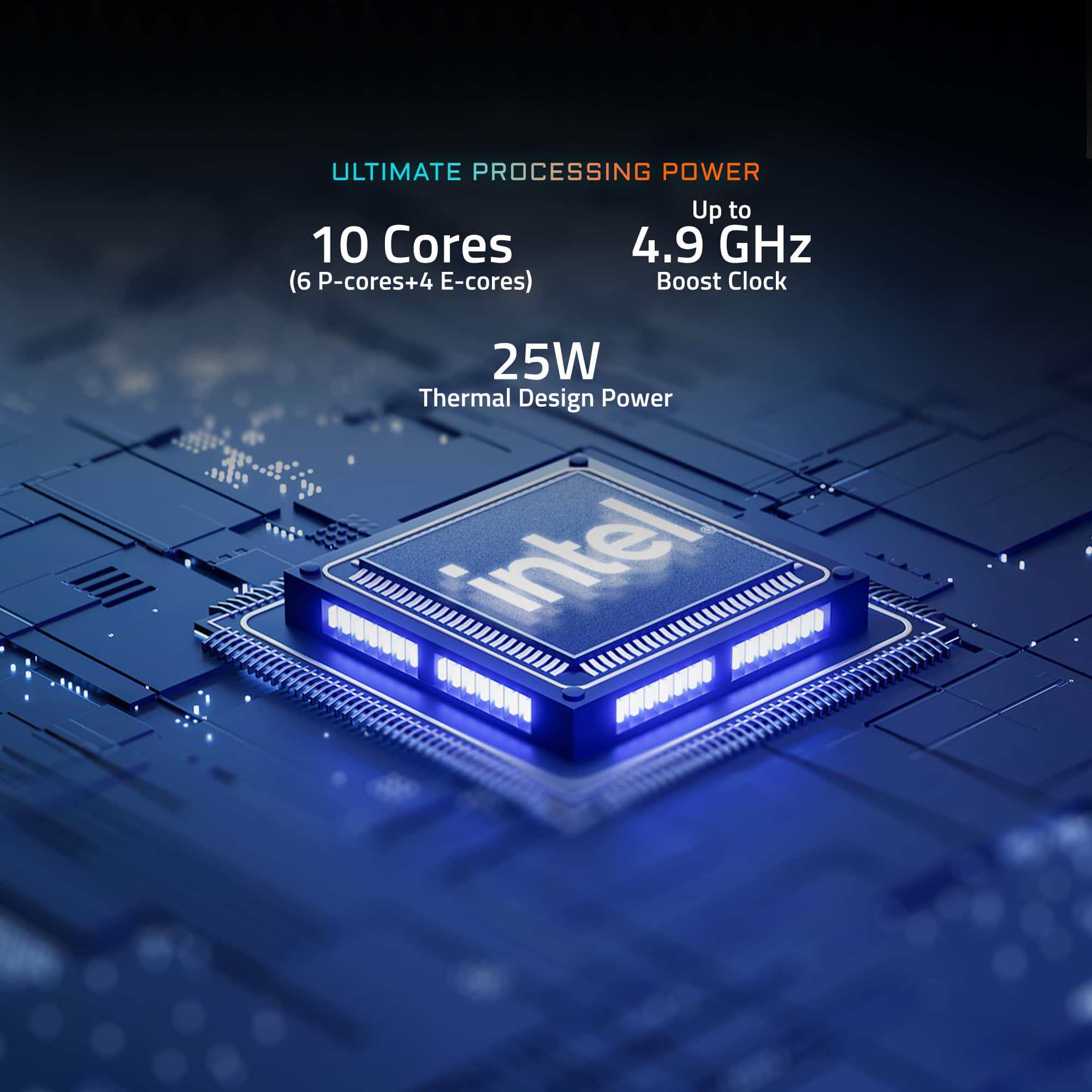 ULTIMATE PROCESSING POWER Up to 10 Cores (6 P-cores+4 E-cores) 4.9 GHz Boost Clock 25W Thermal Design Power Intel