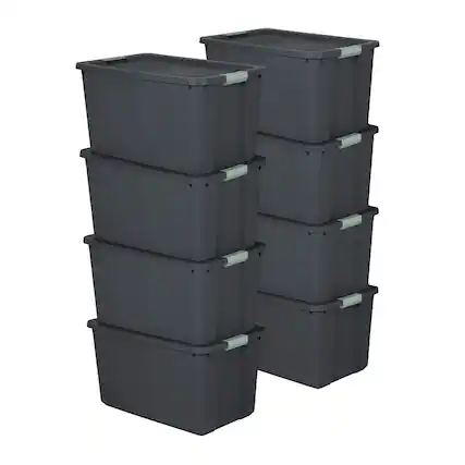 Front. Sterilite - Sterilite 8 Pack 34 Gallon Latch Tote, Stackable Plastic Storage Bin Container - Green/Gray.