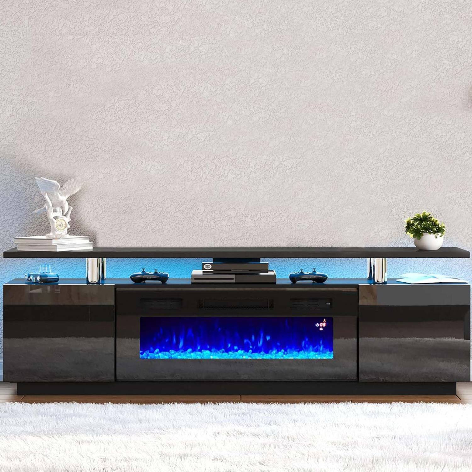 Front. Qeetex - 70" Electric Fireplace Heater TV Stand with 36" Firplace Entertainment Center.