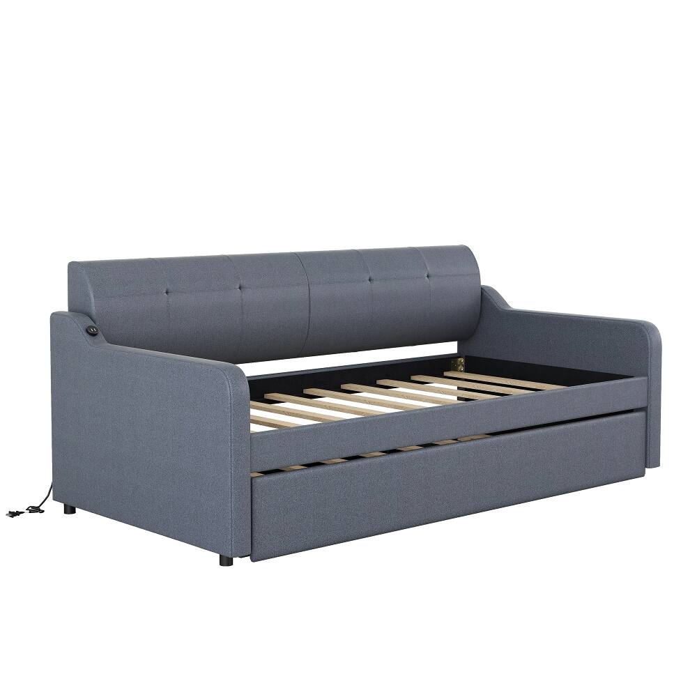 Alt View 10. Loheer - Loheer Twin Daybed with Pop-Up Trundle, Gray Upholstered Guest Bed with USB Port, Space-Saving Frame - Gray.