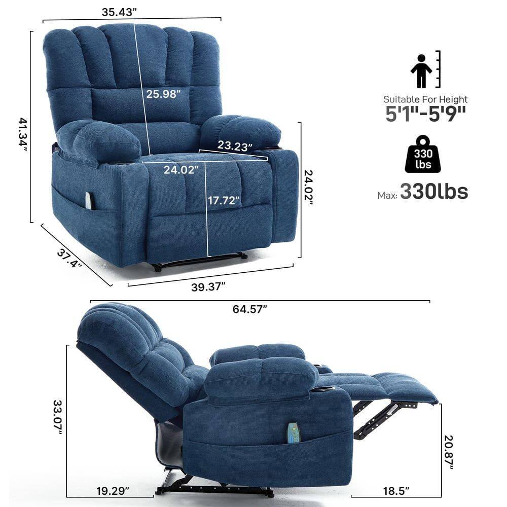 Sure, here is the corrected and grouped text from the image:

**Dimensions:**

- Height: 35.43"
- Width: 41.34"
- Depth: 25.98"
- Armrest Height: 23.23"
- Seat Height: 24.02"
- Seat Depth: 17.72"
- Back Height: 24.02"
- Overall Width: 37.4"
- Overall Depth: 39.37"
- Overall Length: 64.57"
- Armrest Width: 19.29"
- Armrest Height: 18.5"
- Seat Width: 20.87"
- Seat Depth: 19.29"
- Back Height: 33.07"

**Specifications:**

- Suitable For Height: 5'1" - 5'9"
- Max Weight Capacity: 330 lbs