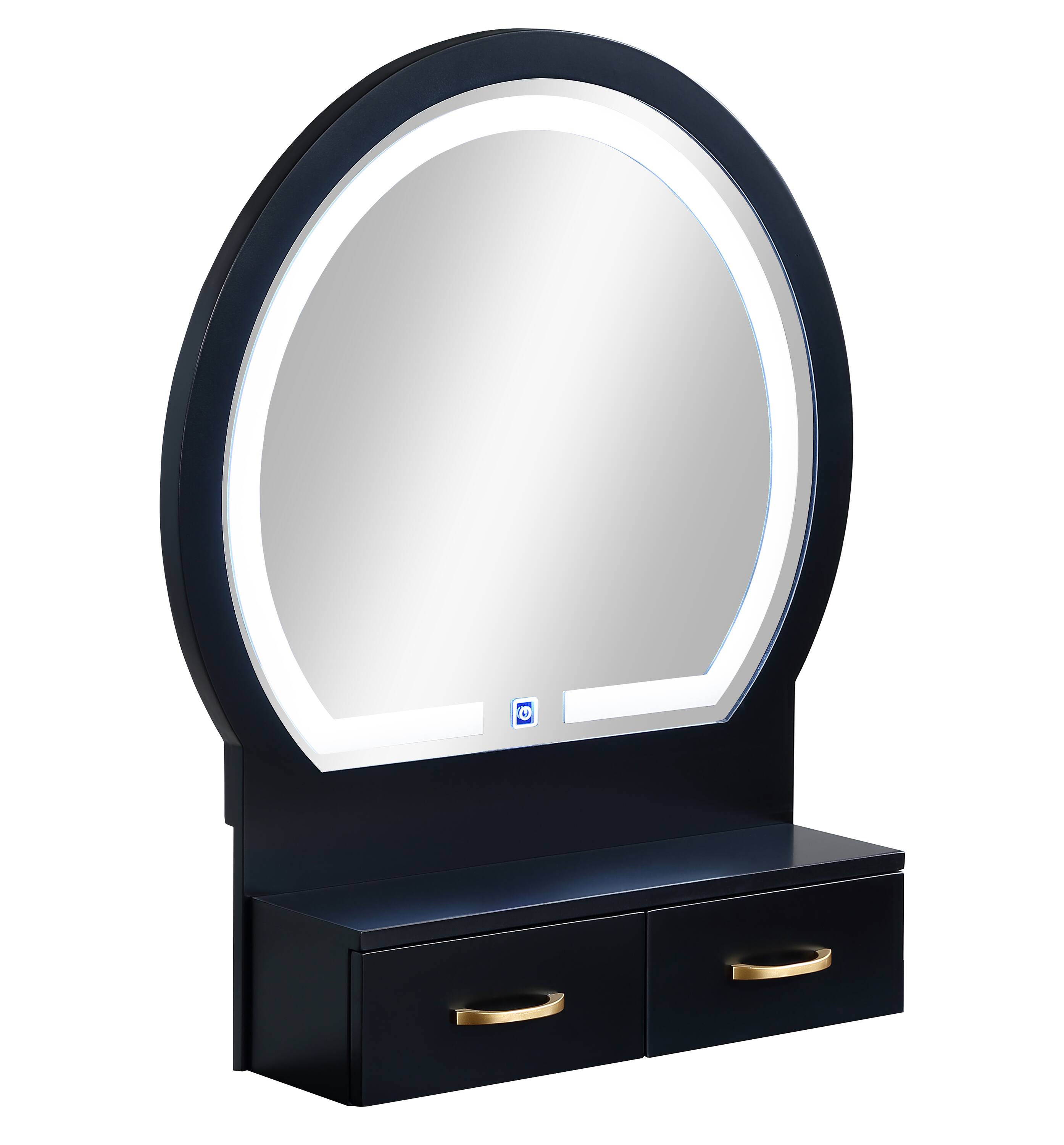 Back. APRILSOUL - 3pc Vanity Table and Stool Set Built-in Led-lit Mirror Matching Cushioned Stool Gold-accented Handles Black - Black.