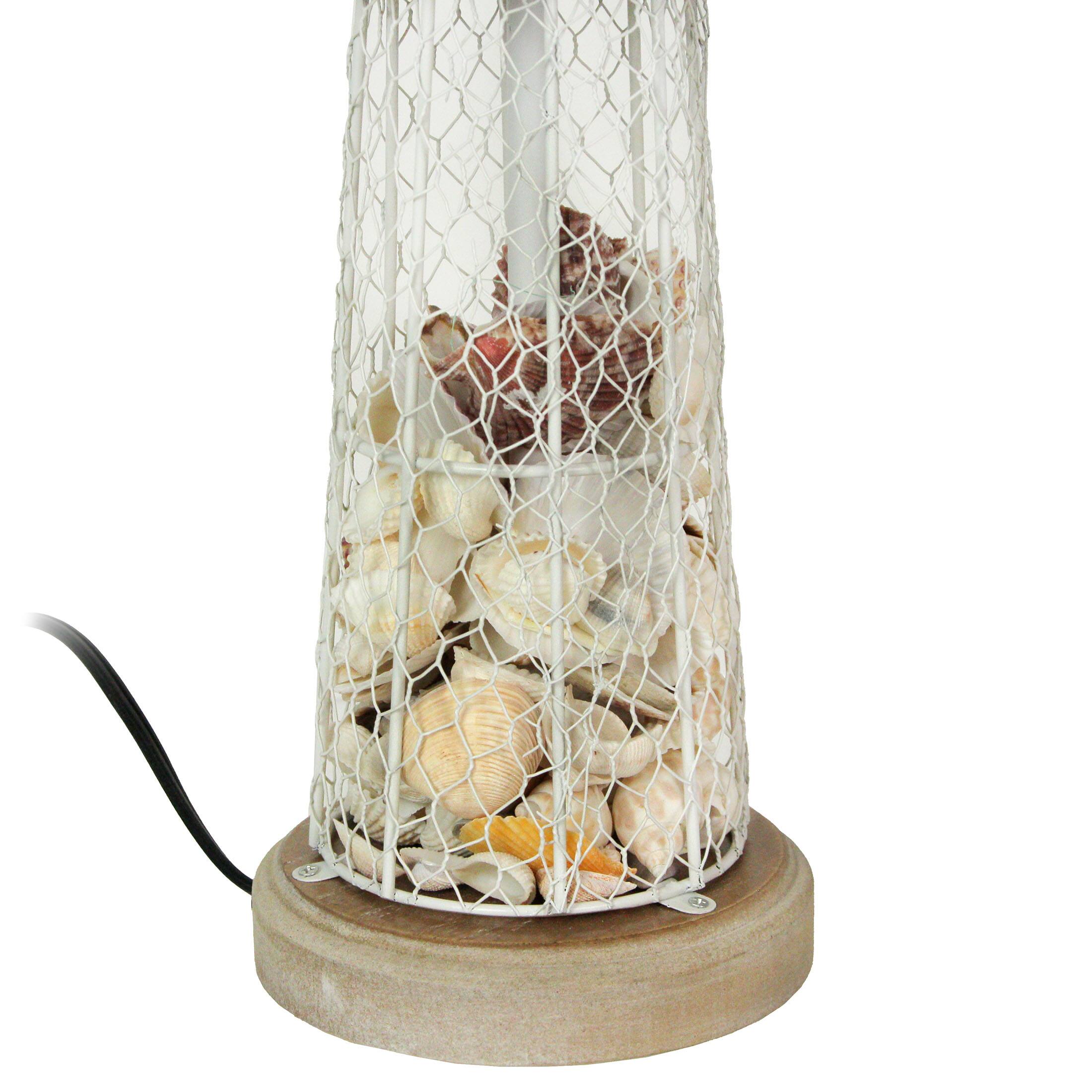 Alt View 1. Zeckos - White and Grey Metal Mesh Seashell Filled Lighthouse Table Lamp with Cone Shade - White.