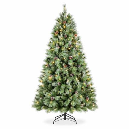 Front. RYHNUYNE - 7.5FT Pre-Lit Christmas Tree, 450 Warm White LED Lights 1588 PVC Hard Needle Tips 92 Pine Cones Hinged Branch - Green.