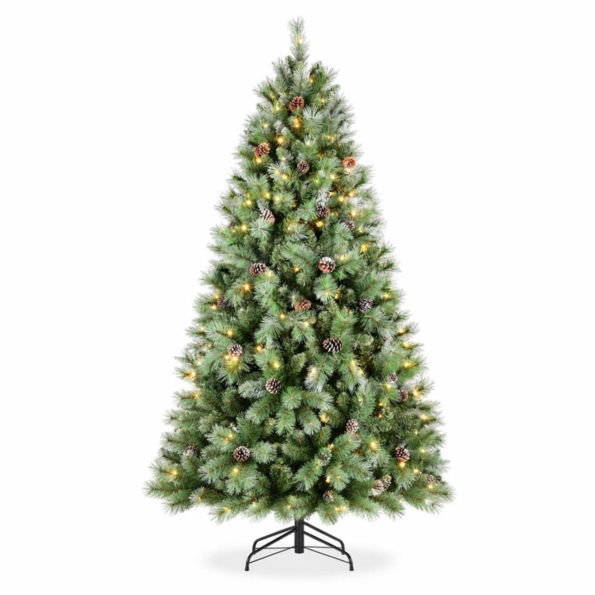 Front. RYHNUYNE - 7.5FT Pre-Lit Christmas Tree, 450 Warm White LED Lights 1588 PVC Hard Needle Tips 92 Pine Cones Hinged Branch - Green.