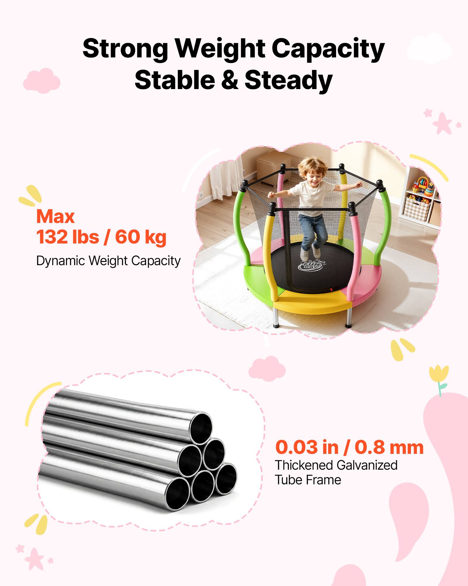Strong Weight Capacity Stable & Steady  
Max 132 lbs / 60 kg Dynamic Weight Capacity  
0.03 in / 0.8 mm Thickened Galvanized Tube Frame