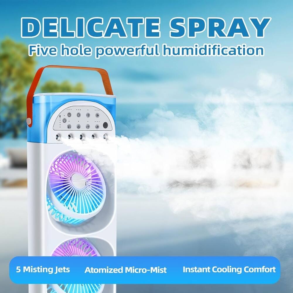 DELICATE SPRAY  
Five hole powerful humidification  

5 Misting Jets  
Atomized Micro-Mist  
Instant Cooling Comfort